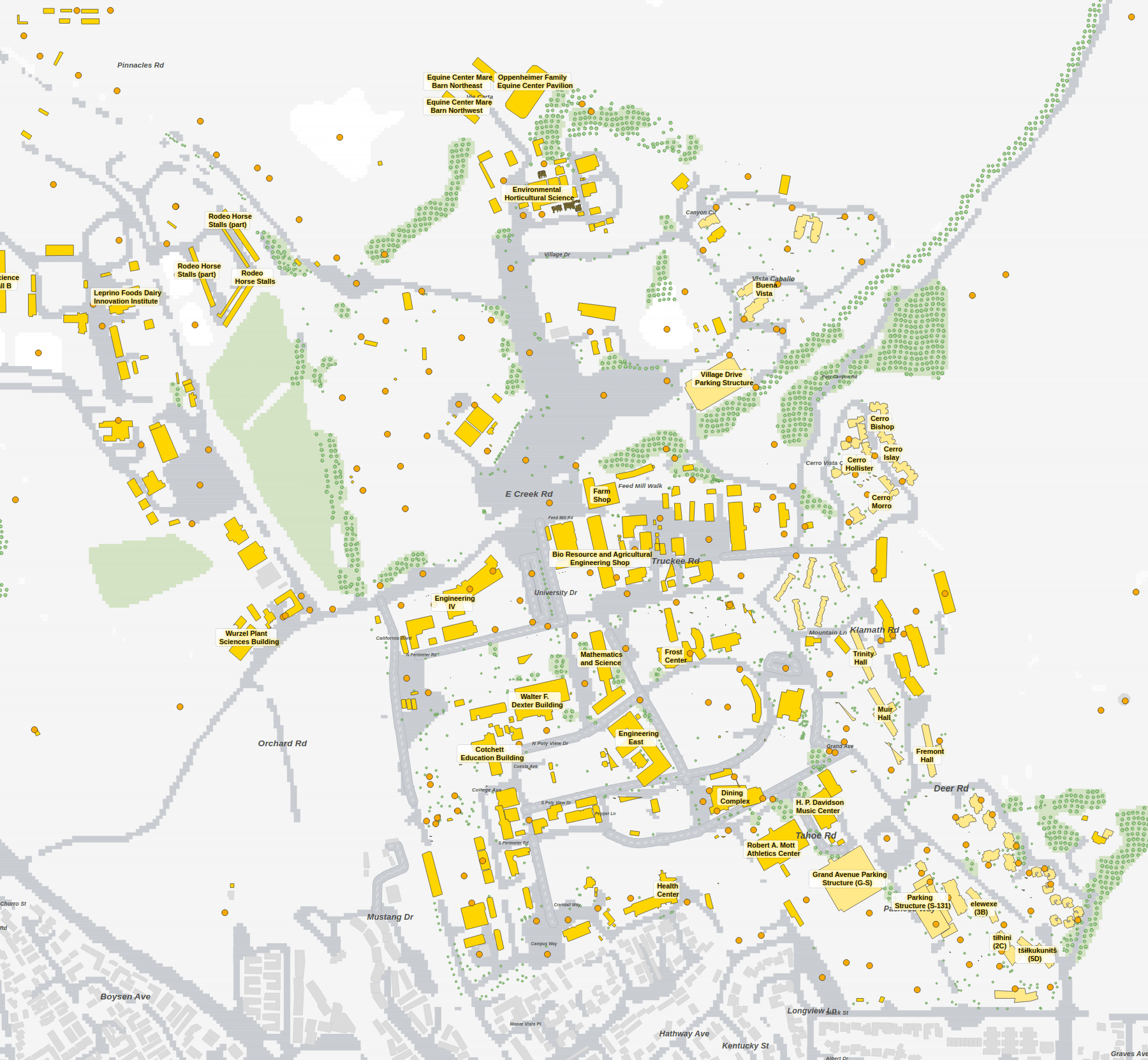 Cal Poly San Luis Obispo campus map: 2D plan with every building named, yellow directory style