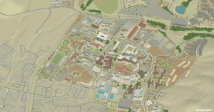 Cal Poly San Luis Obispo campus map: 3D model of the central campus around Kennedy Library and the University Union
