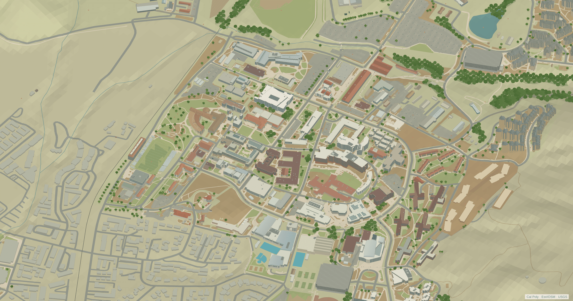 Cal Poly San Luis Obispo campus map: 3D model of the central campus around Kennedy Library and the University Union