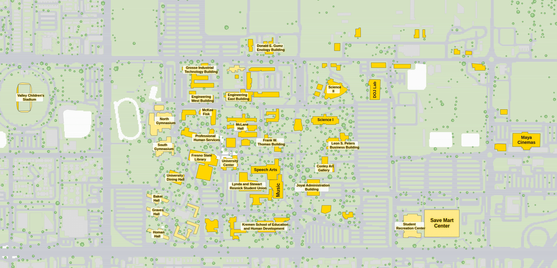 Fresno State campus map: 2D plan with every building named, yellow directory style