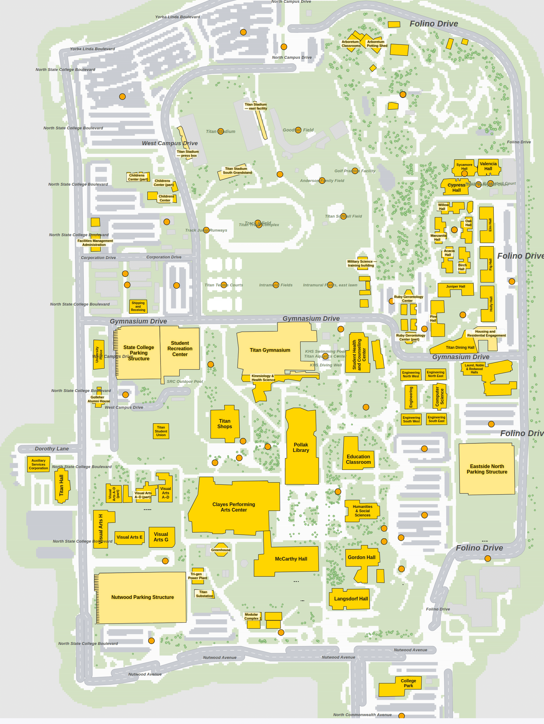 Cal State Fullerton campus map: 2D plan with every building named, yellow directory style