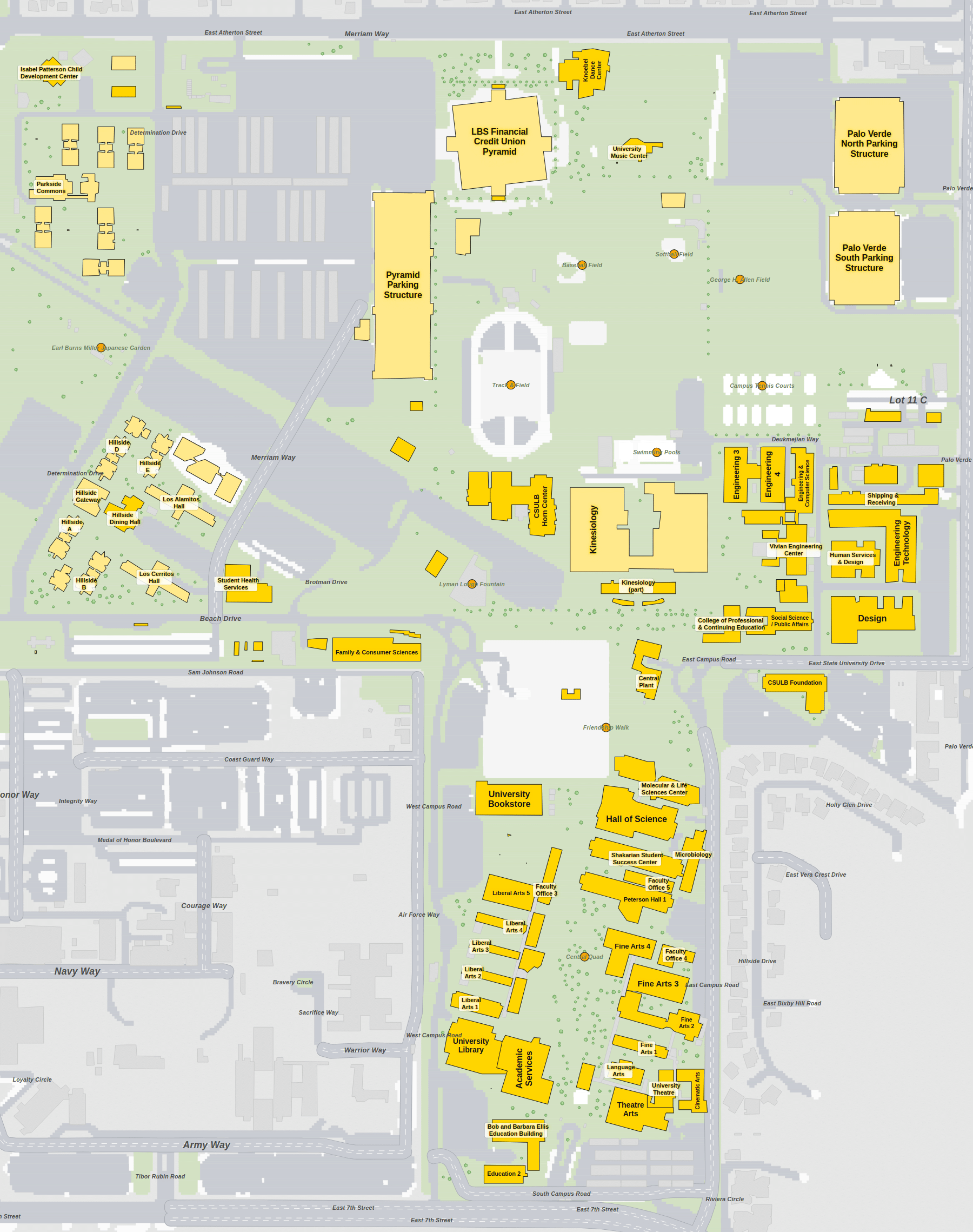 California State University, Long Beach campus map: 2D plan with every building named, yellow directory style