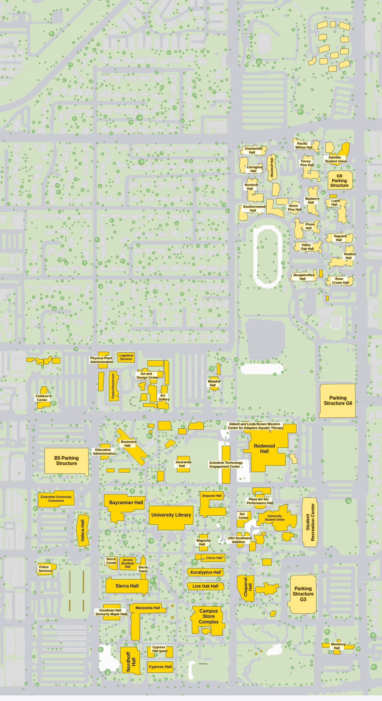Cal State Northridge campus map: 2D plan with every building named, yellow directory style