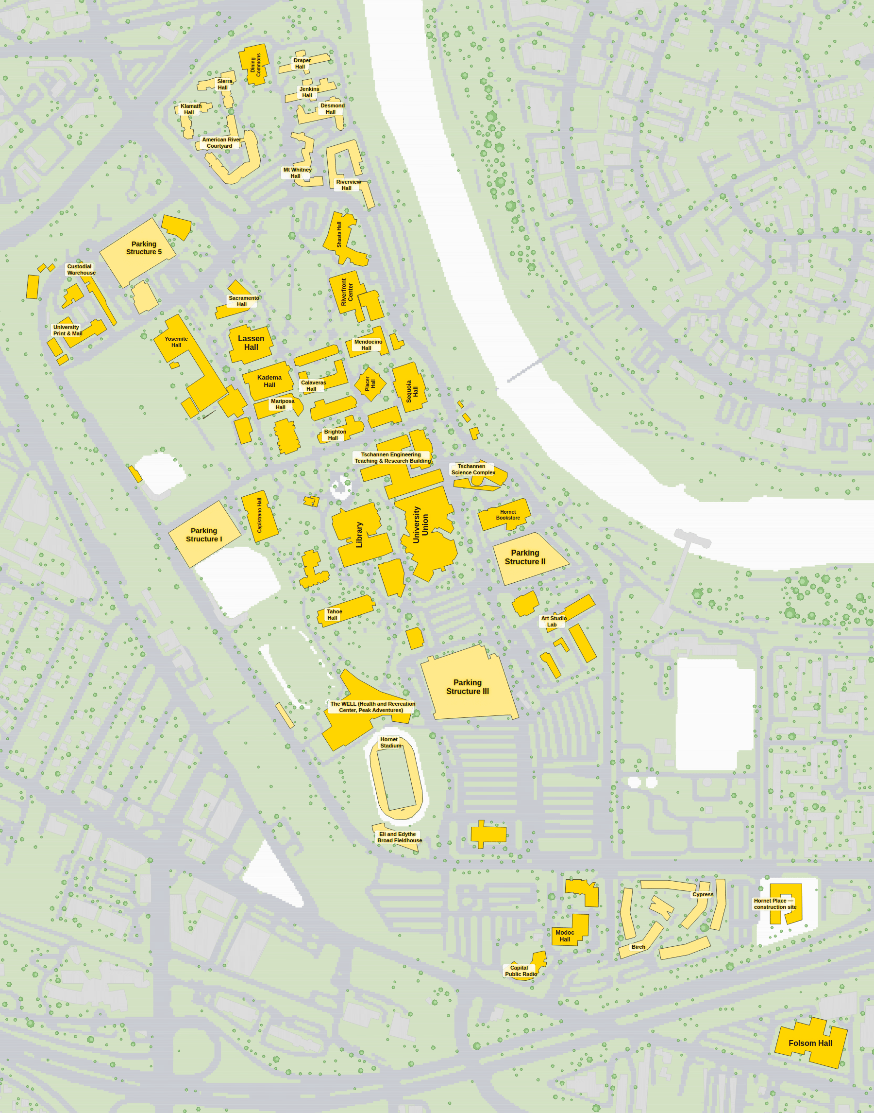 Sacramento State campus map: 2D plan with every building named, yellow directory style