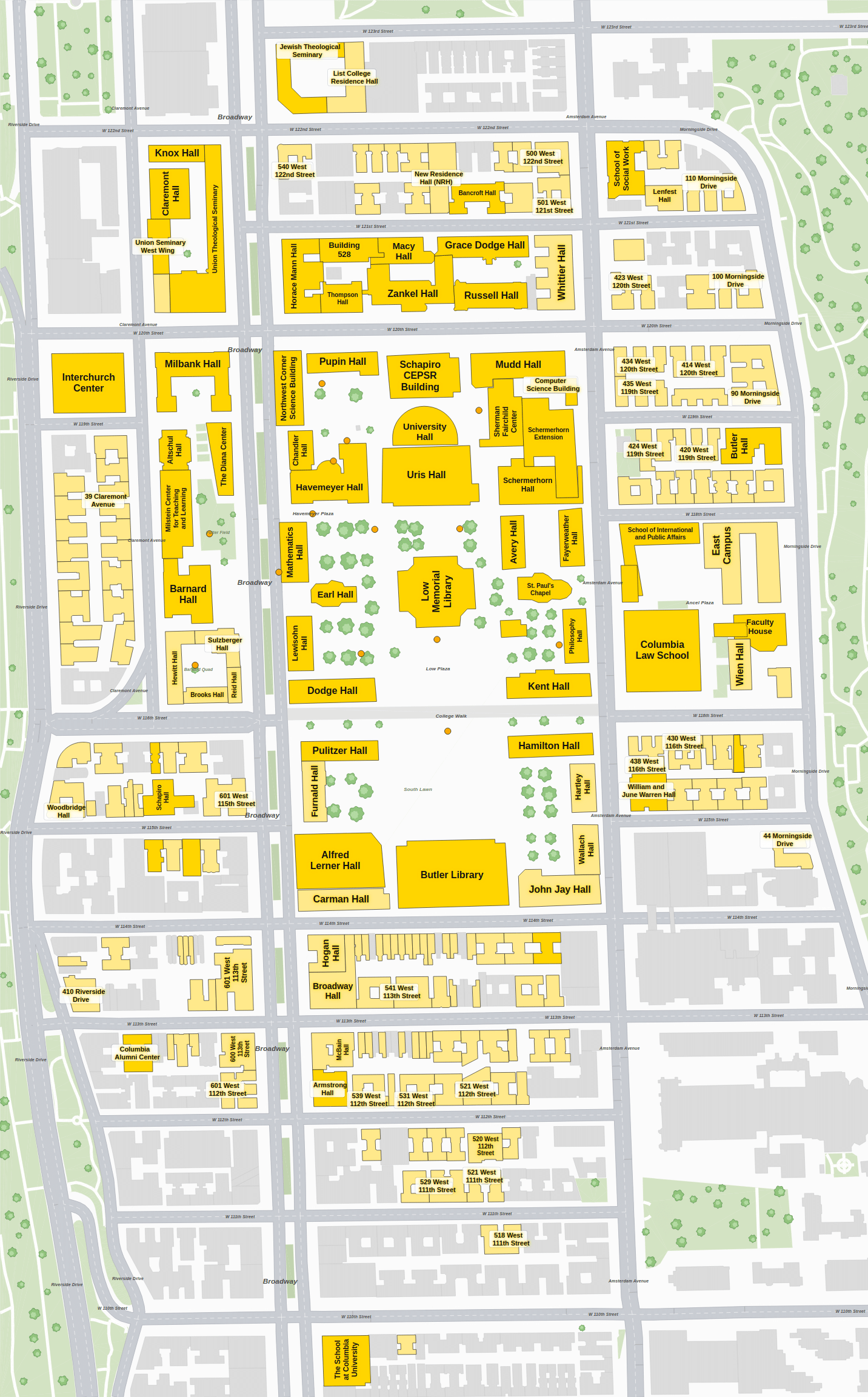 Columbia University campus map: 2D plan with every building named, yellow directory style