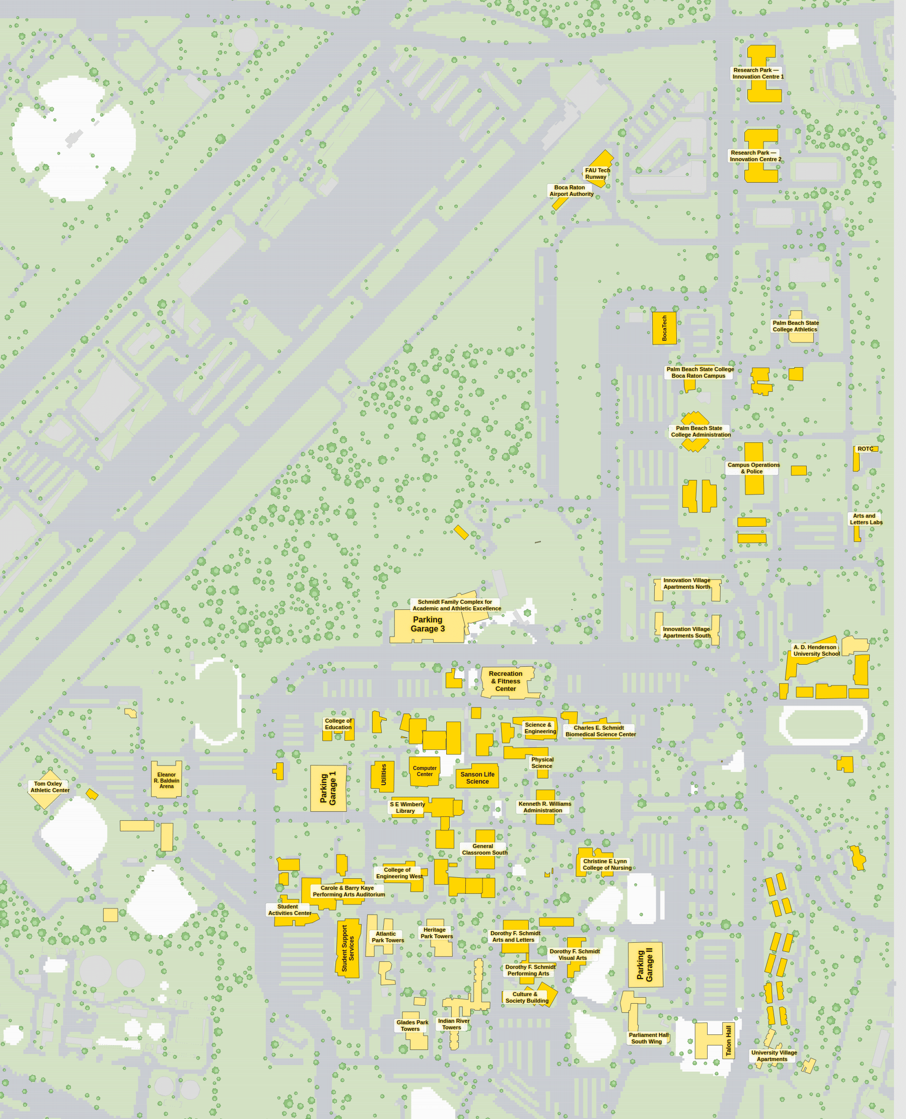 FAU campus map: 2D plan with every building named, yellow directory style