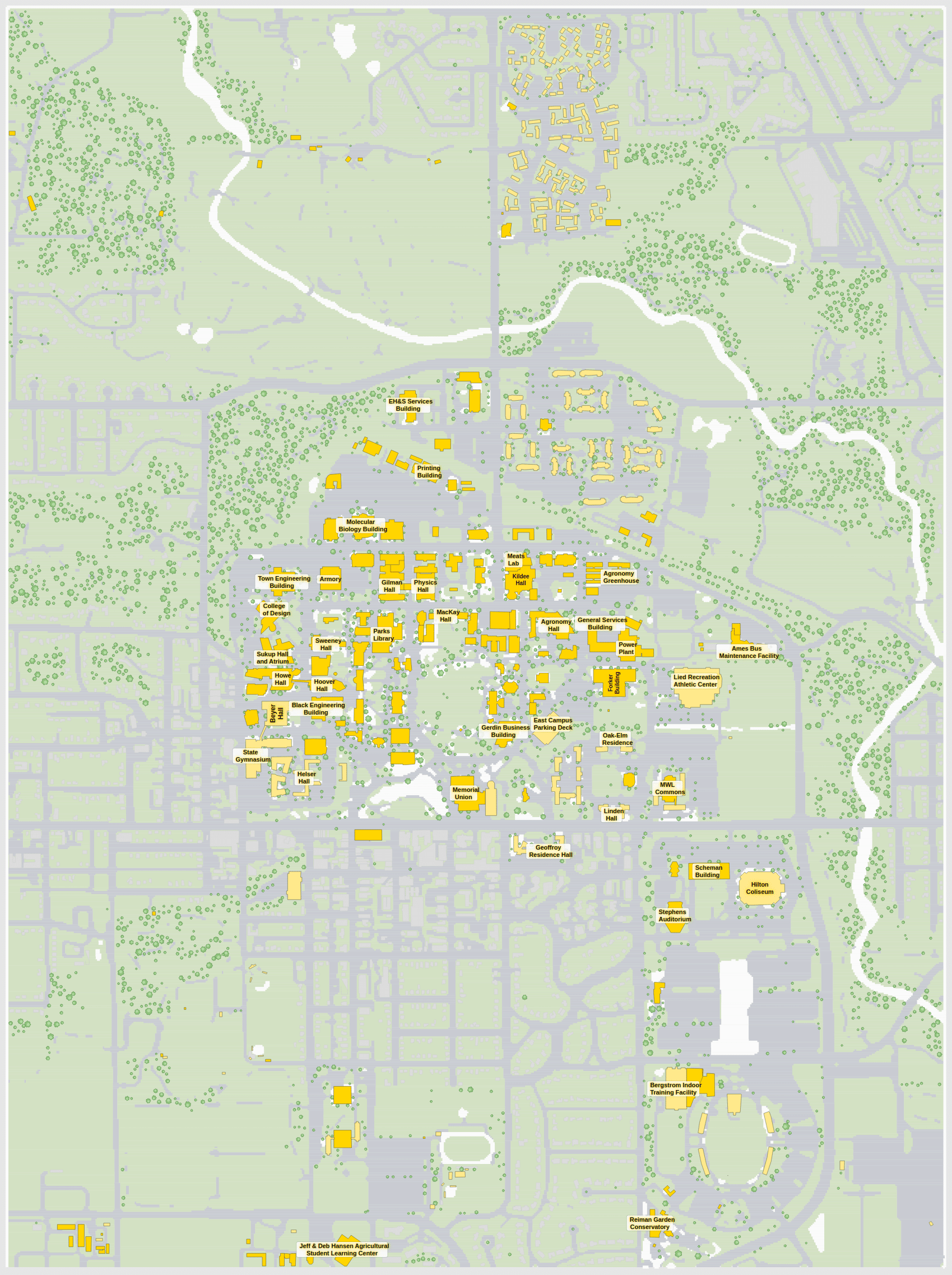 Iowa State campus map: 2D plan with every building named, yellow directory style