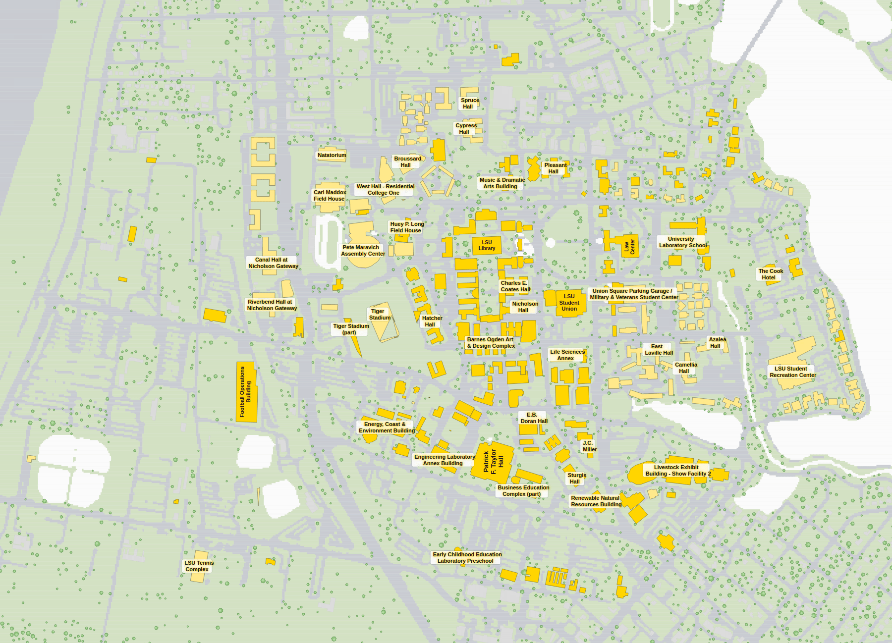 LSU campus map: 2D plan with every building named, yellow directory style