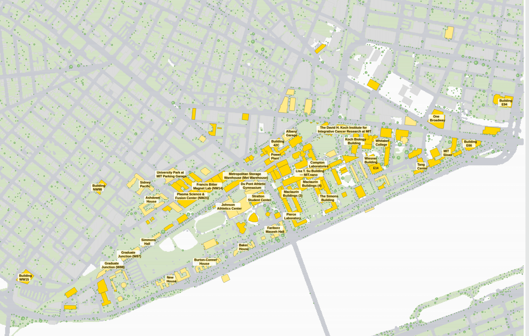 MIT campus map: 2D plan with every building named, yellow directory style