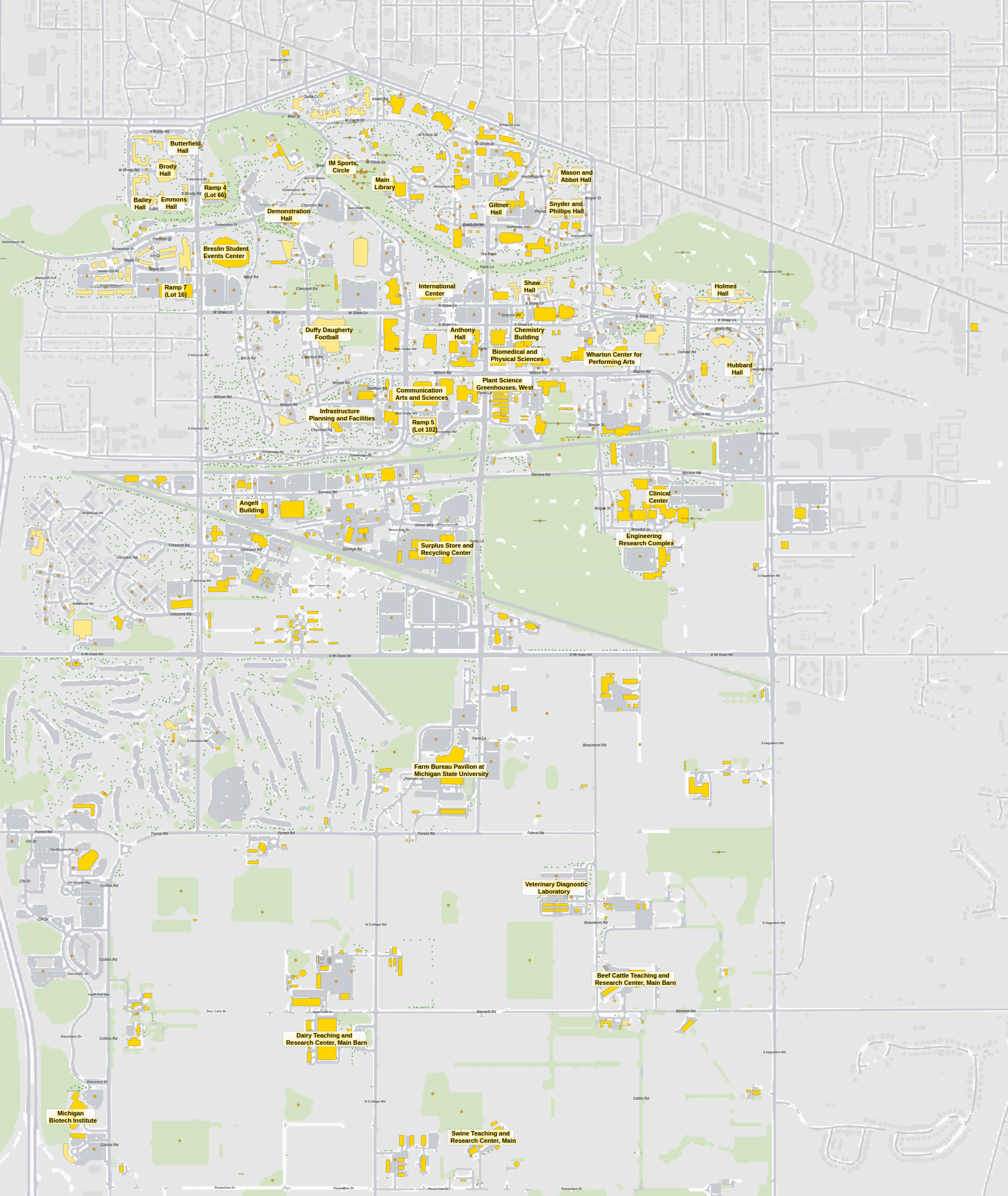 Michigan State University campus map: 2D plan with every building named, yellow directory style