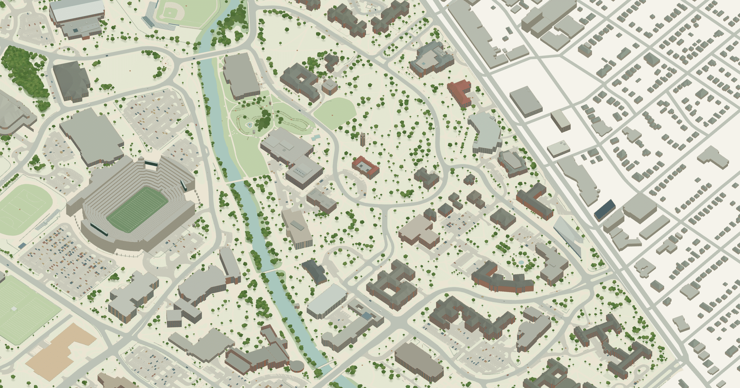 Michigan State University campus map: 3D model of the north campus around the Main Library, Spartan Stadium and the Red Cedar River