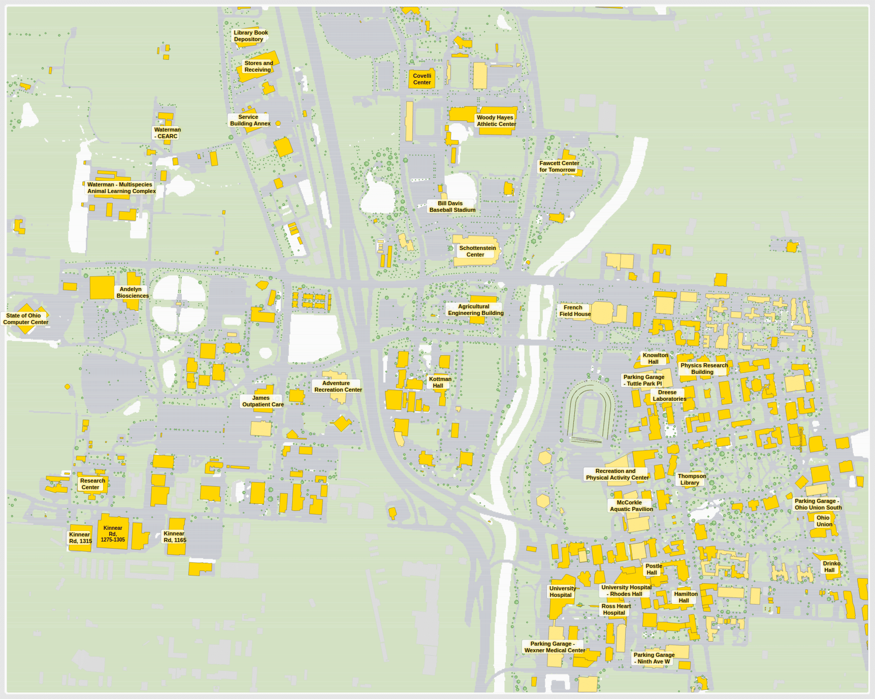 Ohio State campus map: 2D plan with every building named, yellow directory style