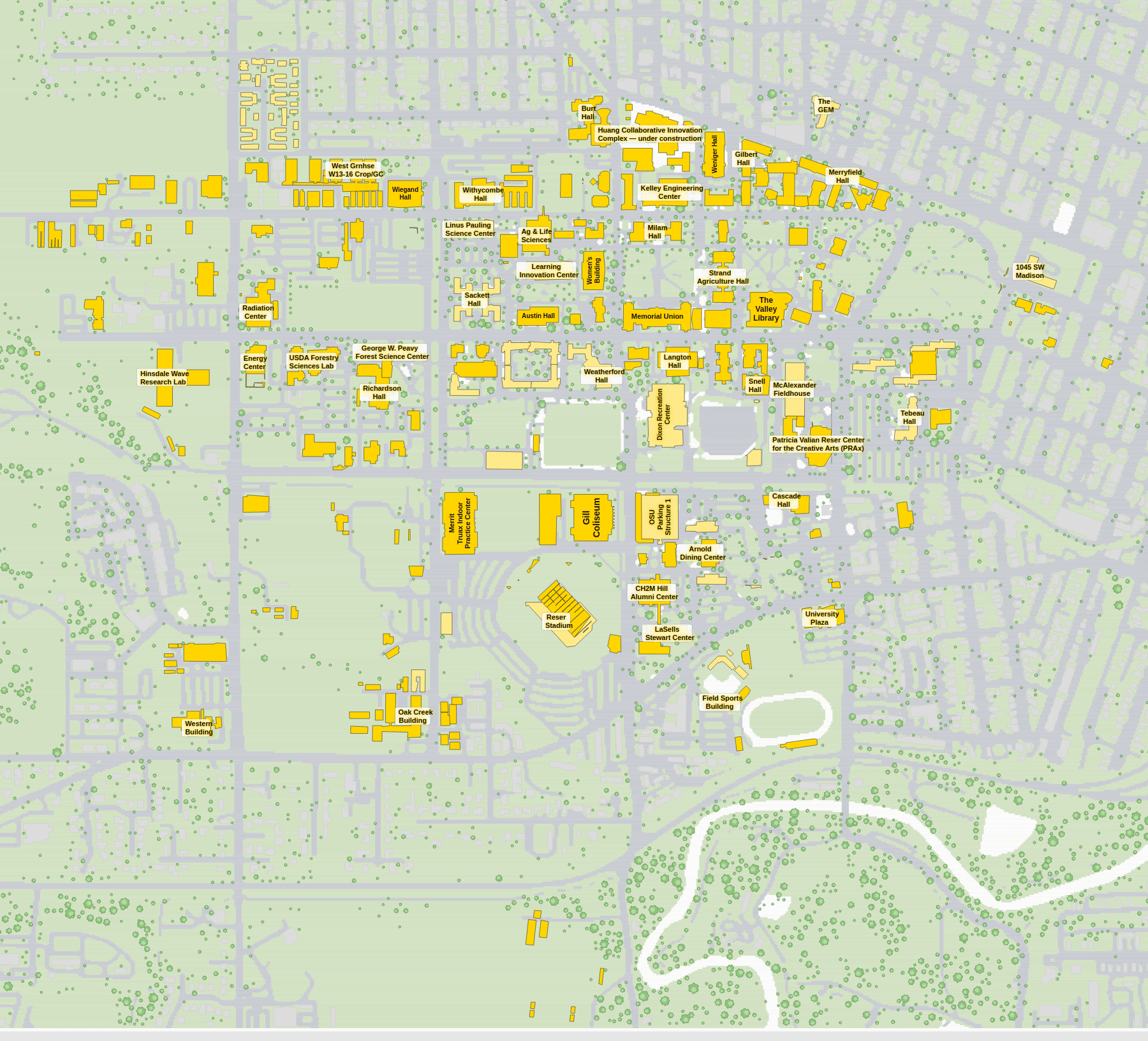 Oregon State campus map: 2D plan with every building named, yellow directory style