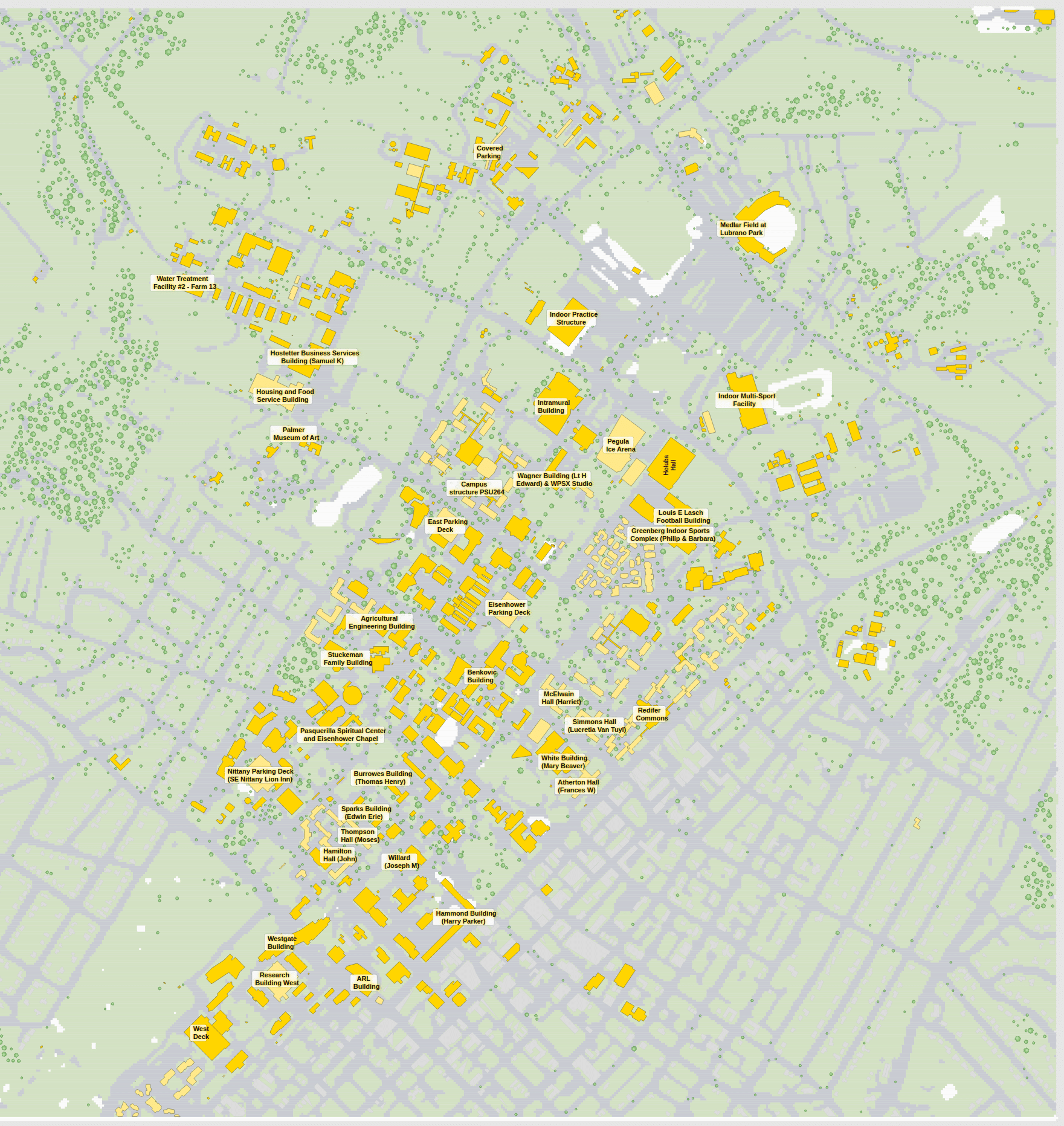 Penn State campus map: 2D plan with every building named, yellow directory style