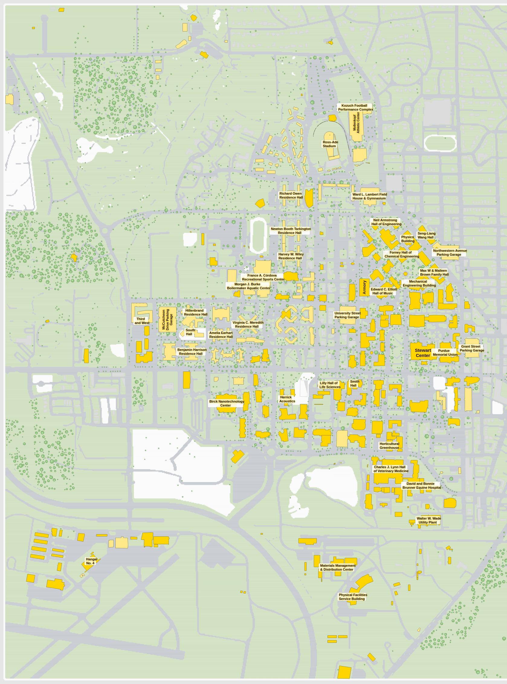 Purdue University campus map: 2D plan with every building named, yellow directory style
