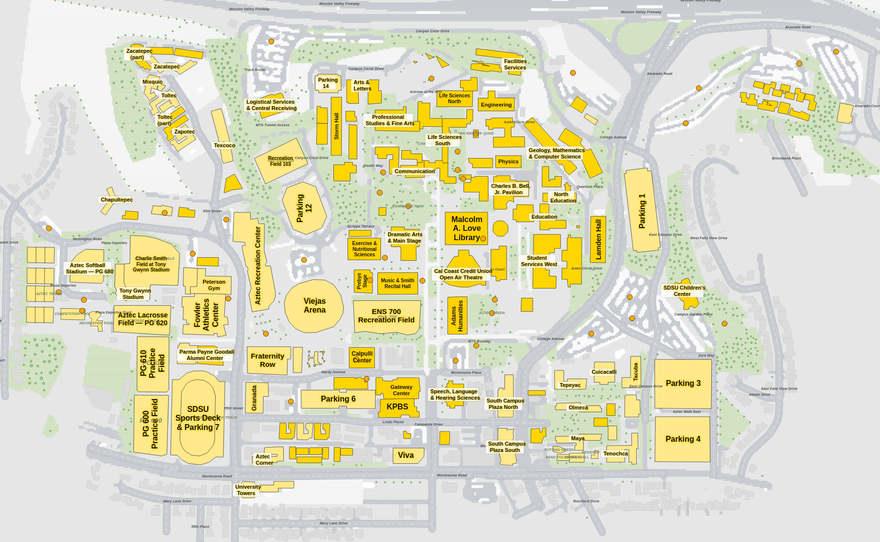 San Diego State University campus map: 2D plan with every building named, yellow directory style