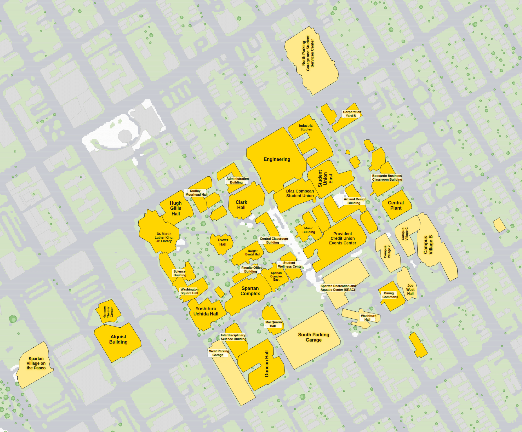 San José State campus map: 2D plan with every building named, yellow directory style