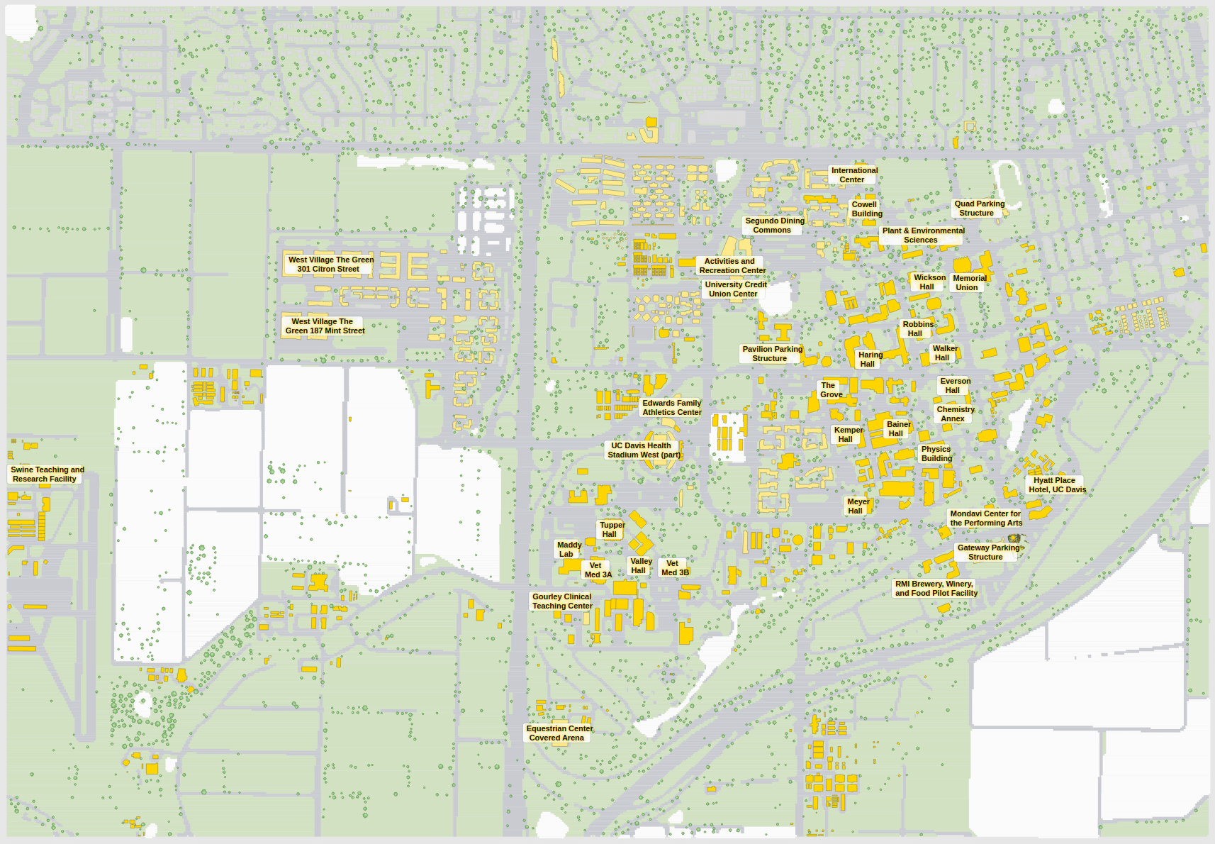 UC Davis campus map: 2D plan with every building named, yellow directory style