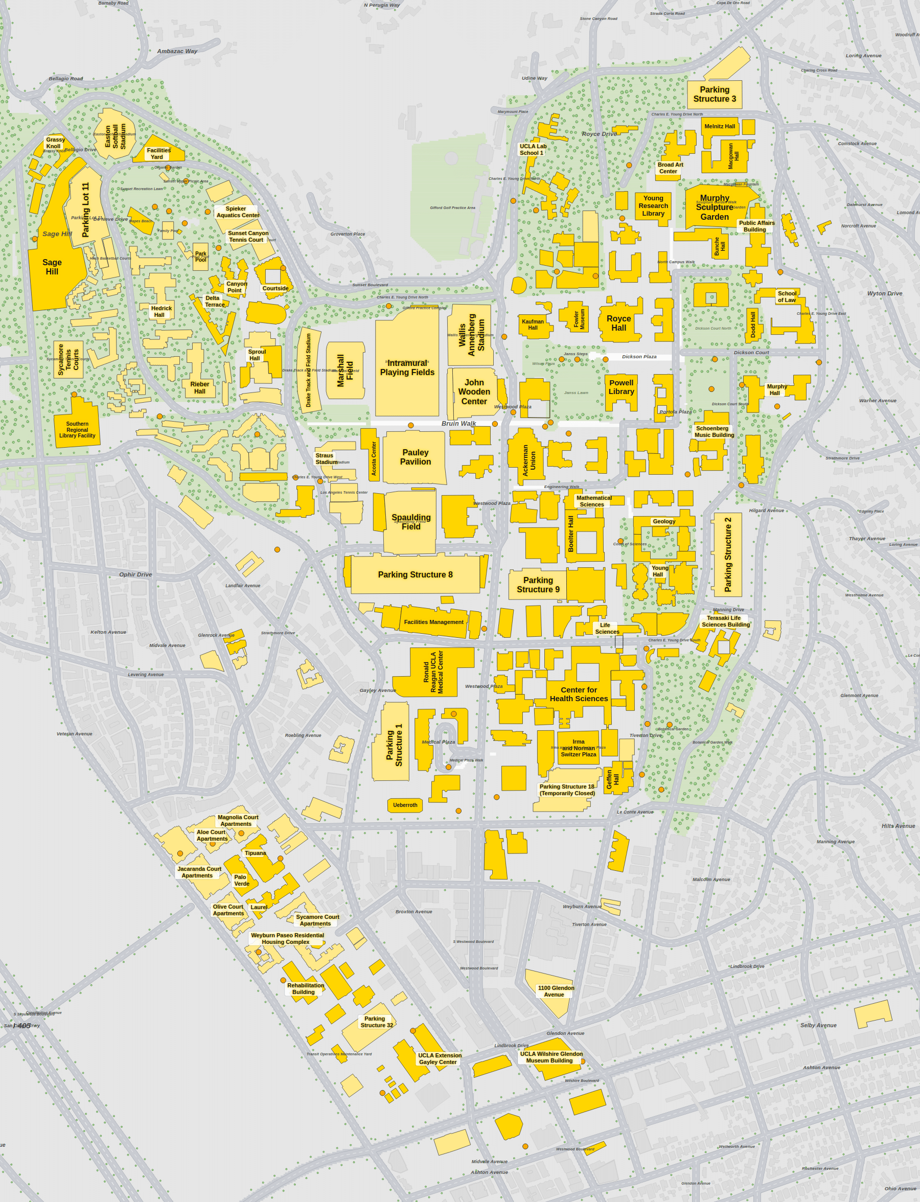 UCLA campus map: 2D plan with every building named, yellow directory style