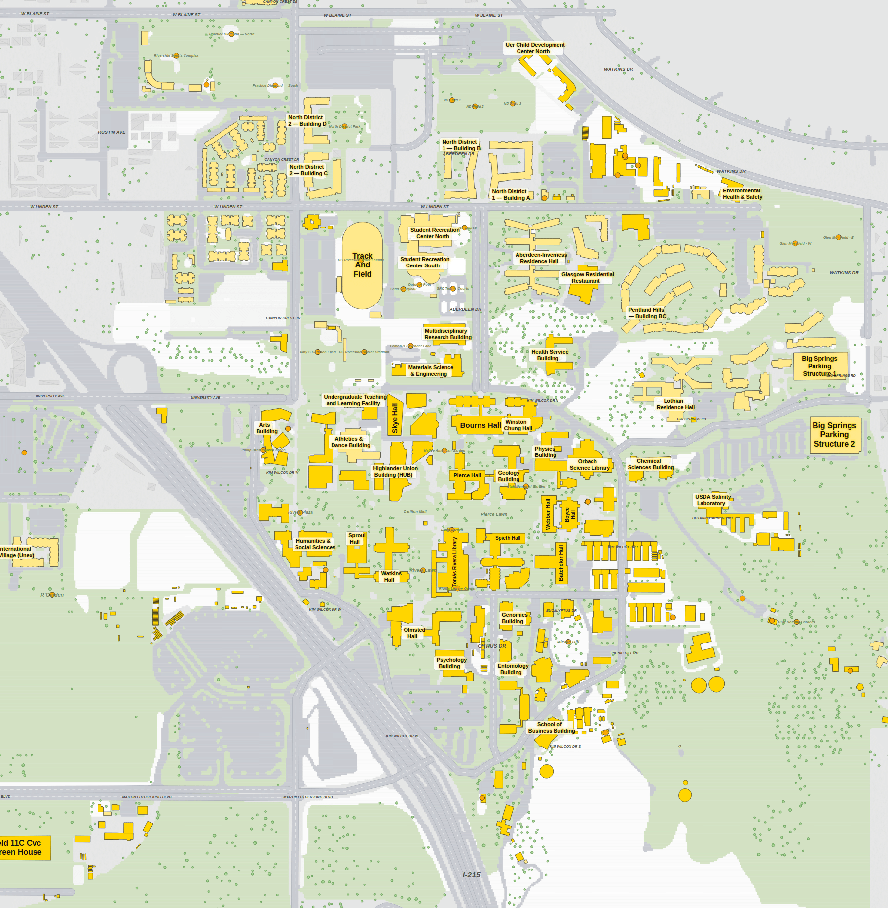 UC Riverside campus map: 2D plan with every building named, yellow directory style
