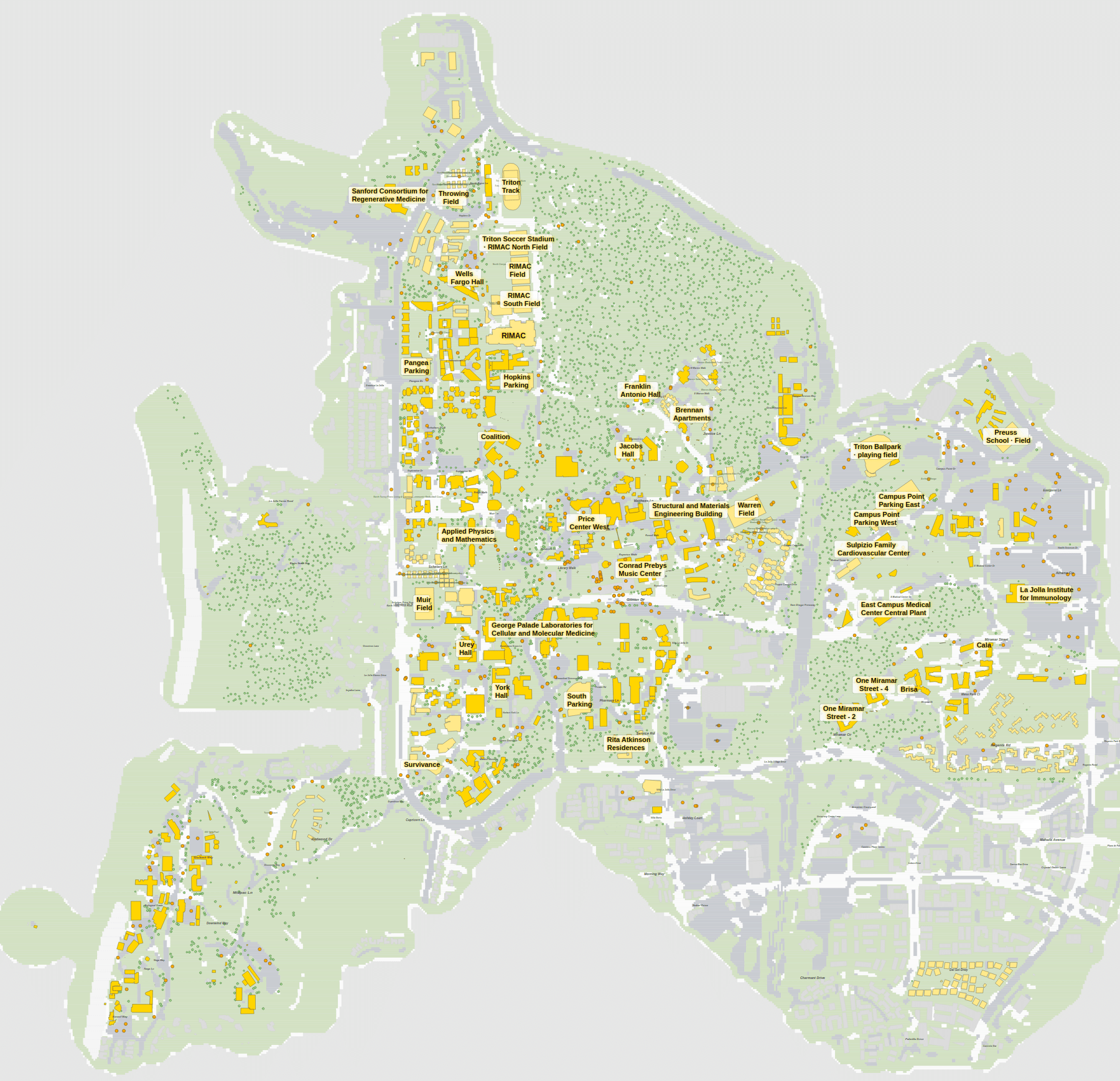 University of California, San Diego campus map: 2D plan with every building named, yellow directory style