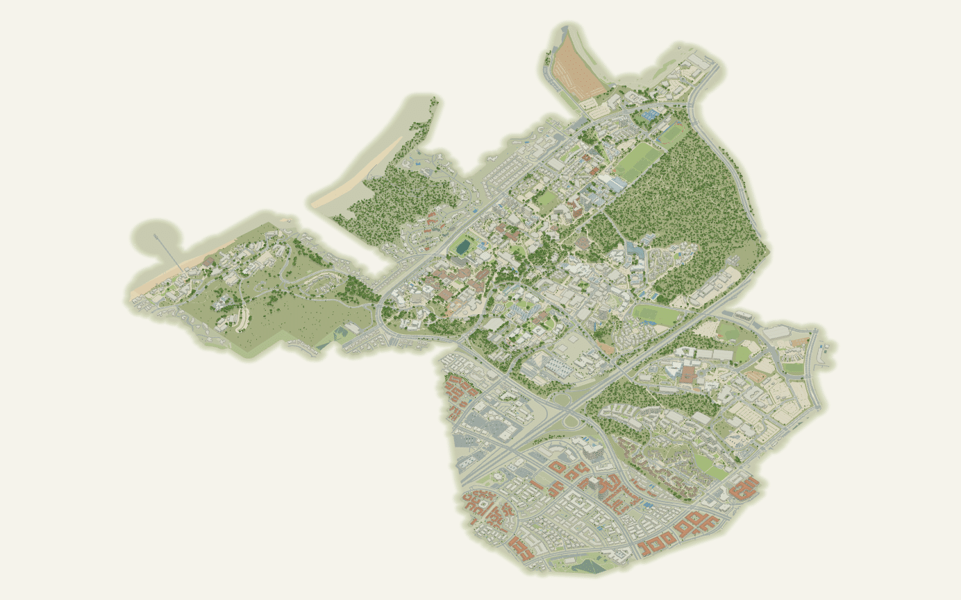 University of California, San Diego campus map: 3D model of the whole La Jolla campus from Scripps to the medical campus