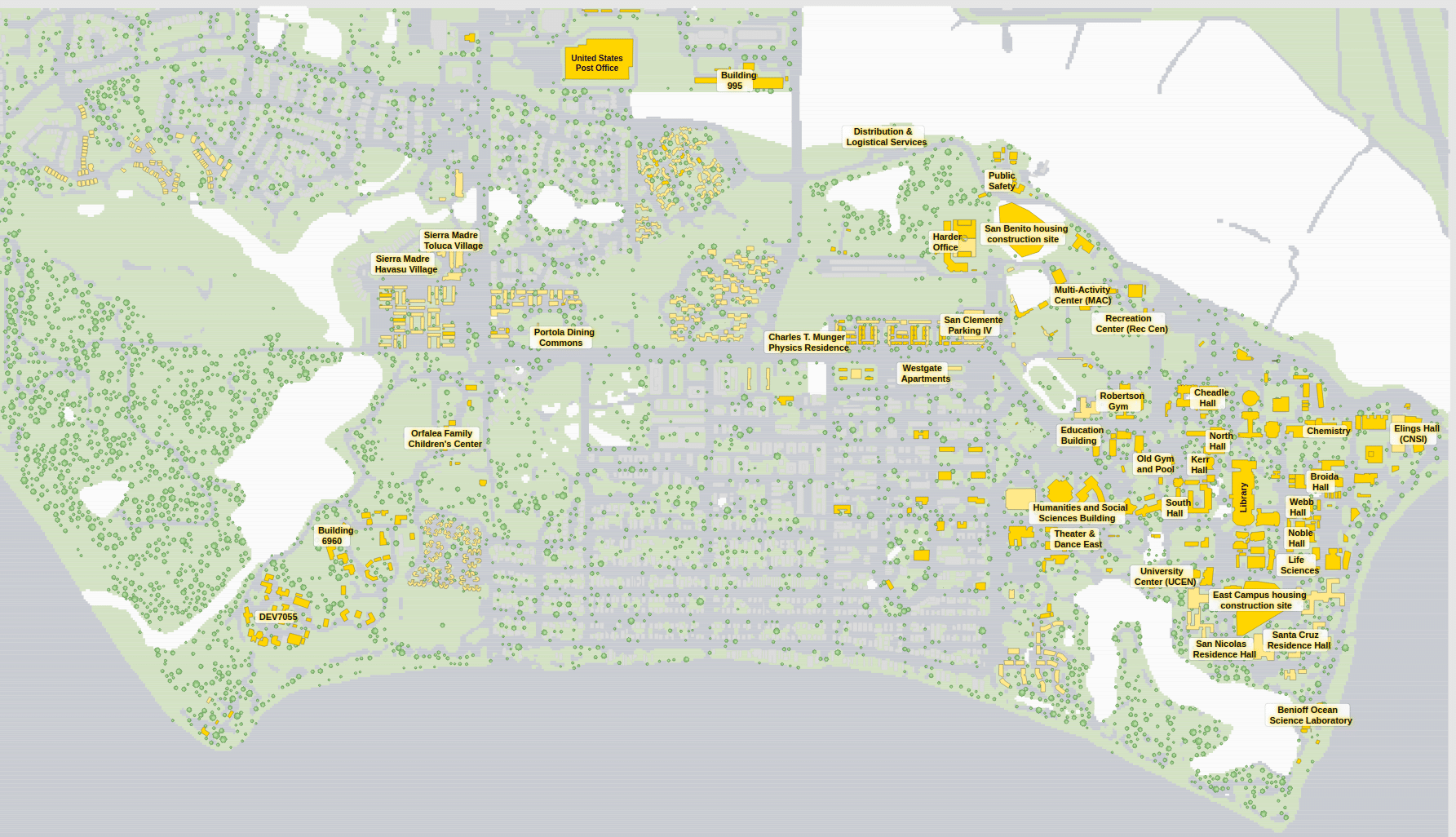 UCSB campus map: 2D plan with every building named, yellow directory style