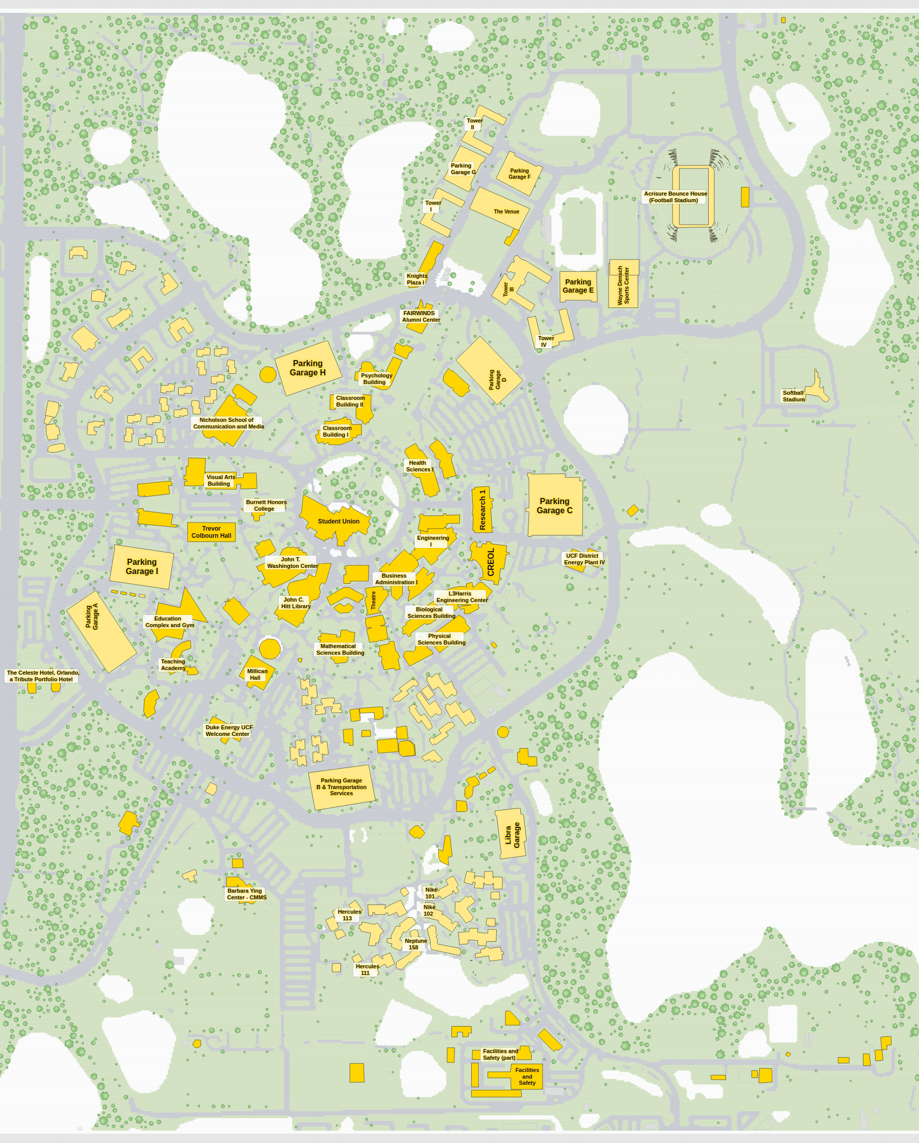 UCF campus map: 2D plan with every building named, yellow directory style
