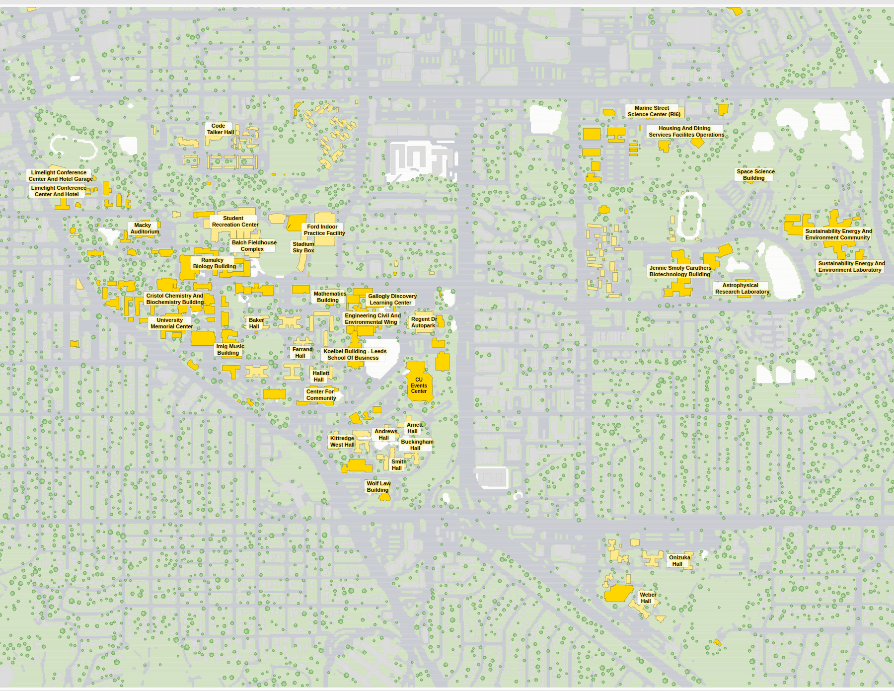 CU Boulder campus map: 2D plan with every building named, yellow directory style