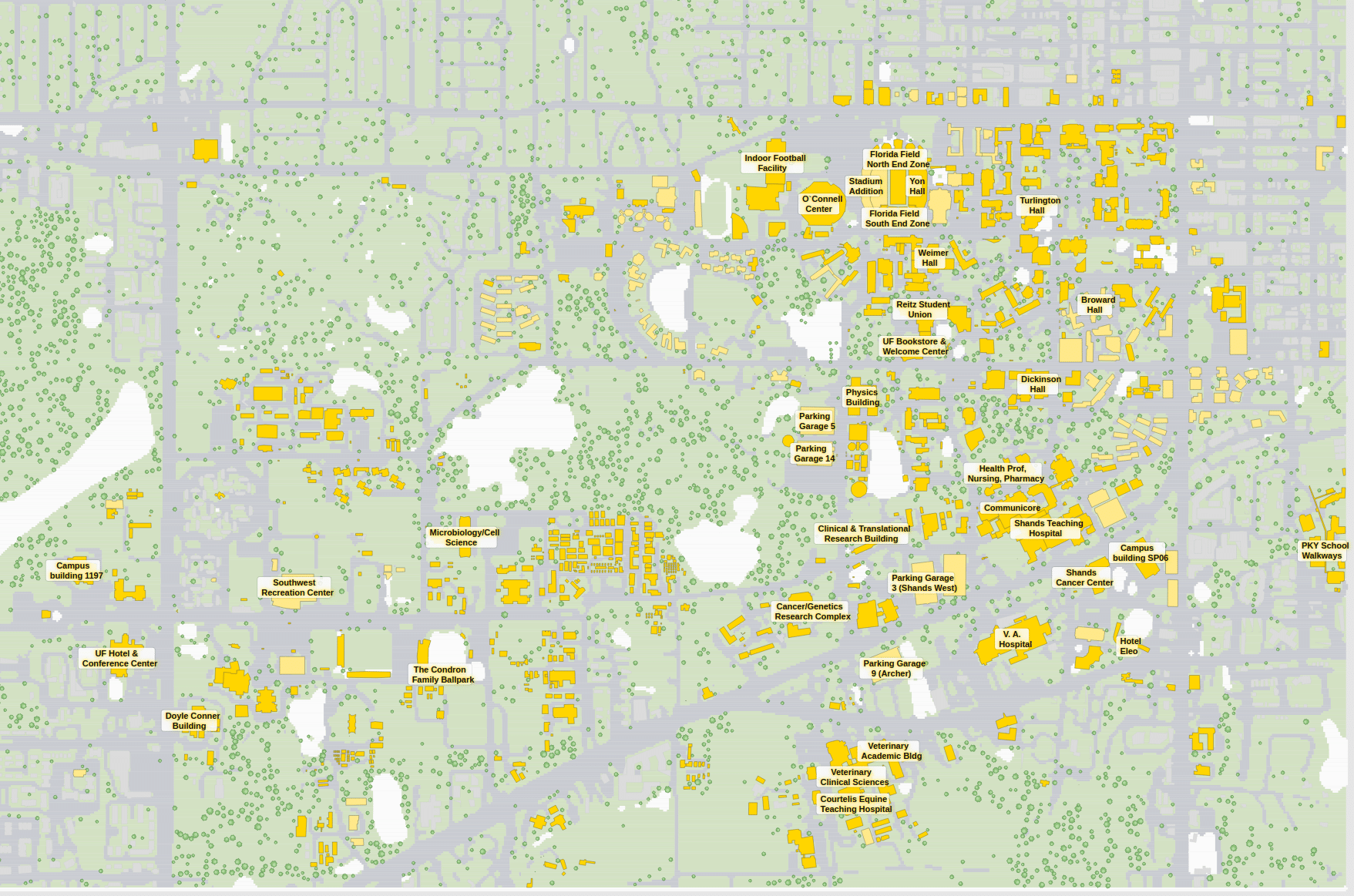 UF campus map: 2D plan with every building named, yellow directory style