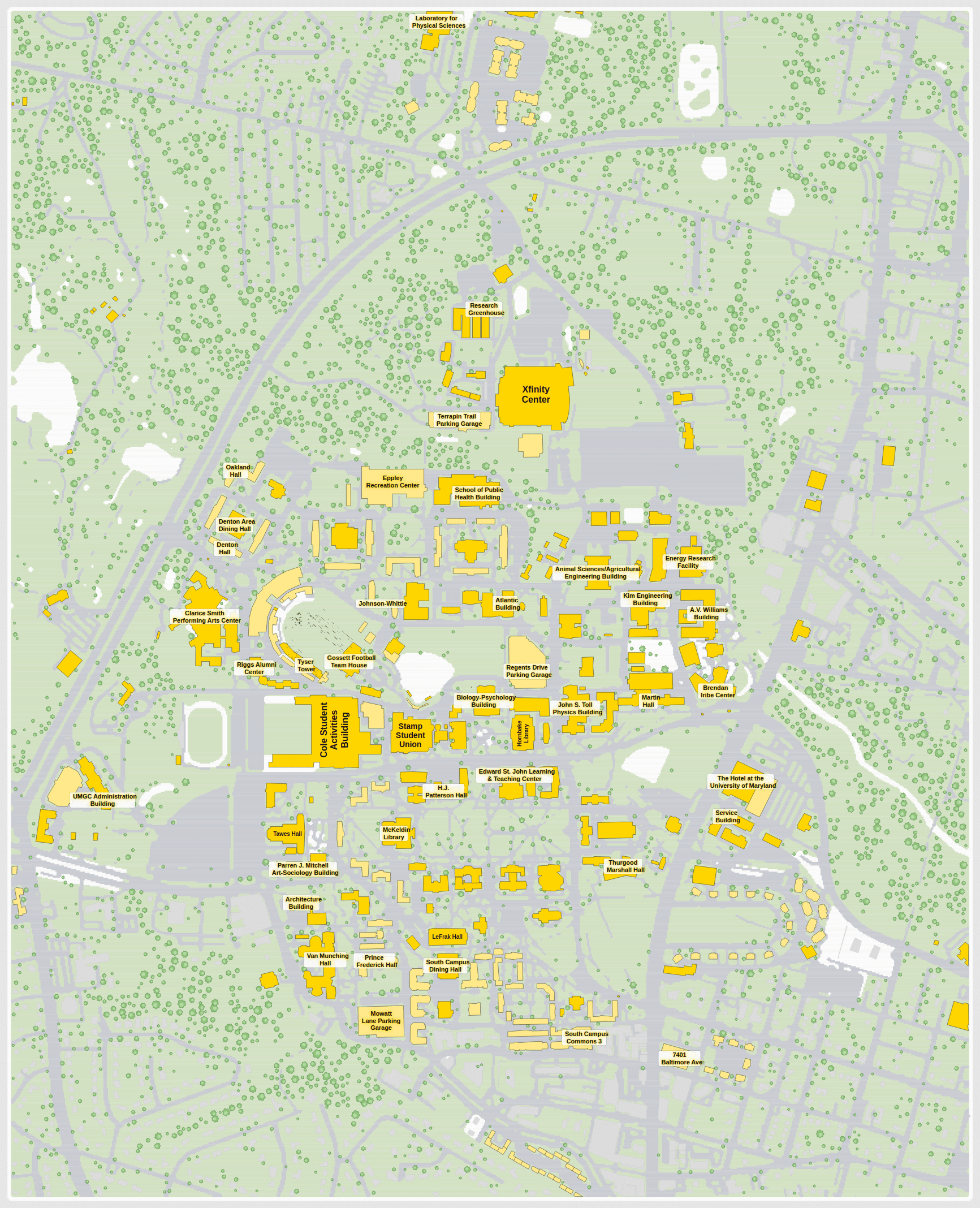University of Maryland campus map: 2D plan with every building named, yellow directory style