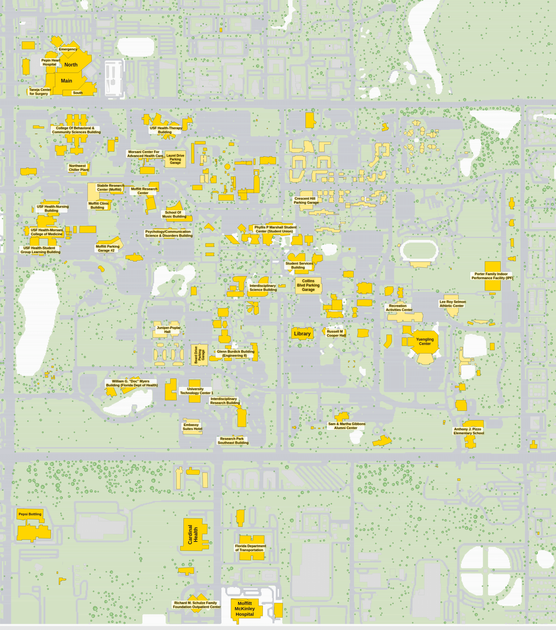 USF Tampa campus map: 2D plan with every building named, yellow directory style