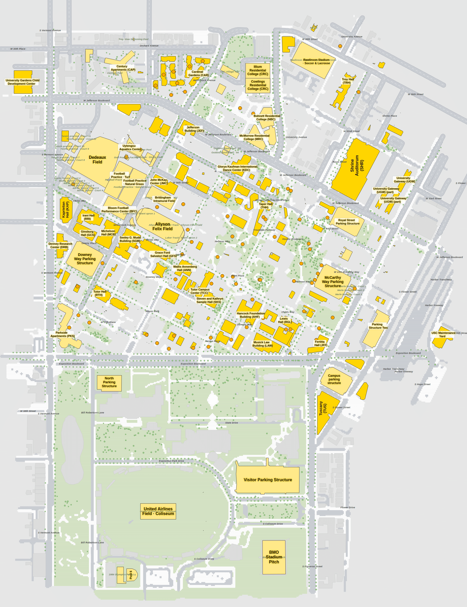 University of Southern California campus map: 2D plan with every building named, yellow directory style