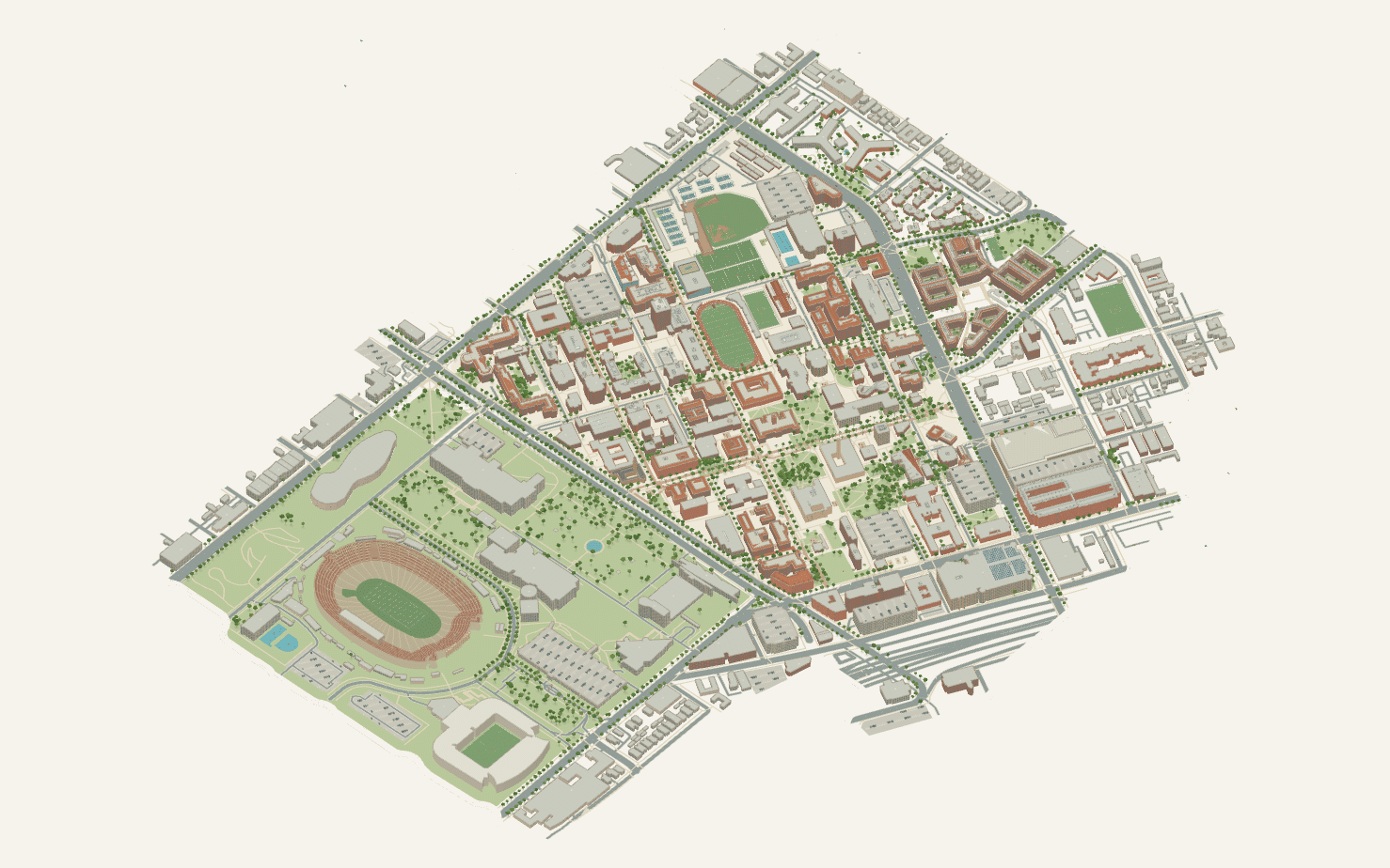 University of Southern California campus map: 3D model of the whole University Park campus