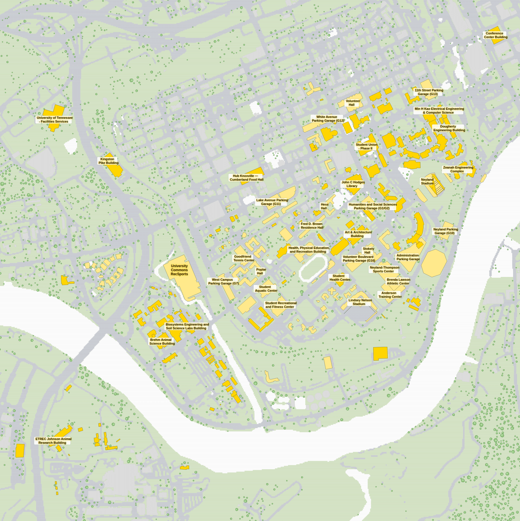 University of Tennessee campus map: 2D plan with every building named, yellow directory style