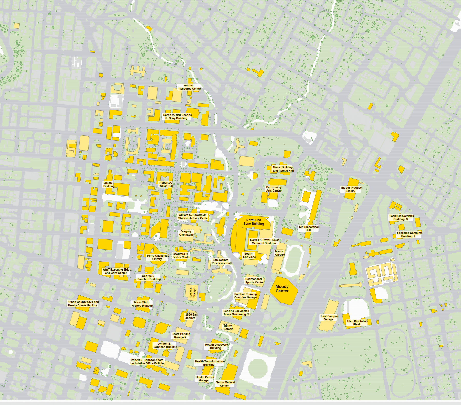UT Austin campus map: 2D plan with every building named, yellow directory style