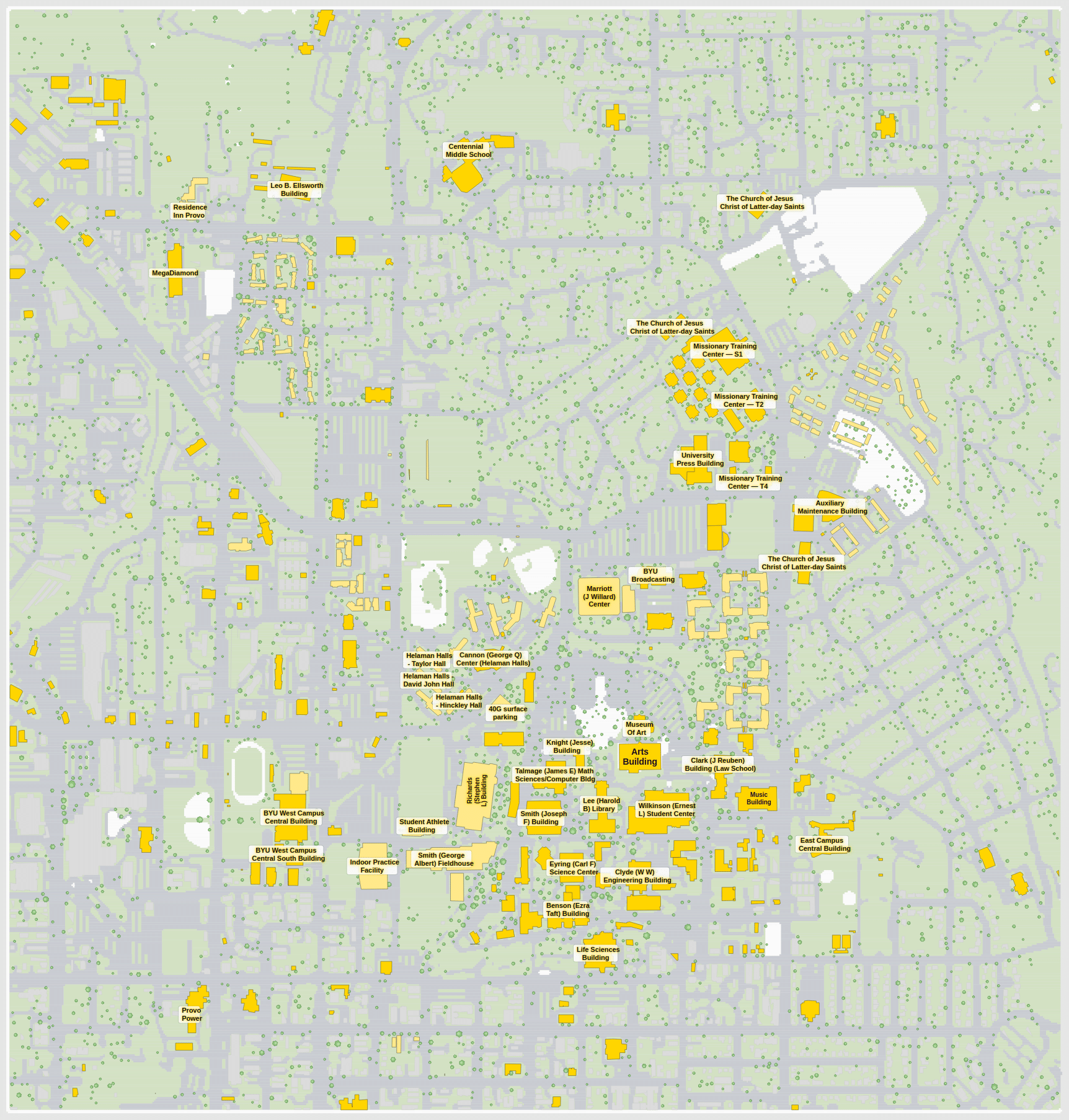 BYU campus map: 2D plan with every building named, yellow directory style