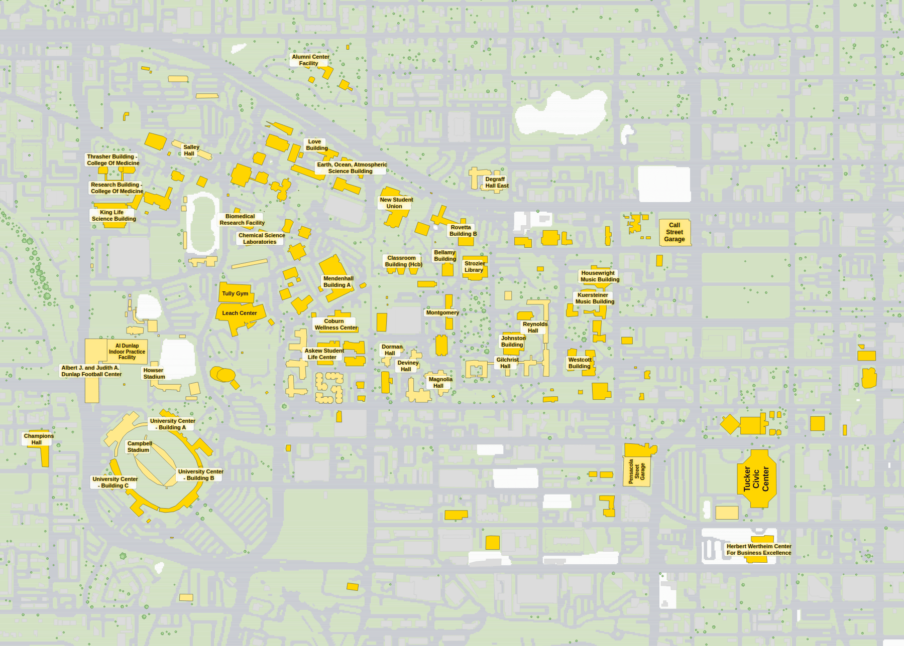 FSU campus map: 2D plan with every building named, yellow directory style