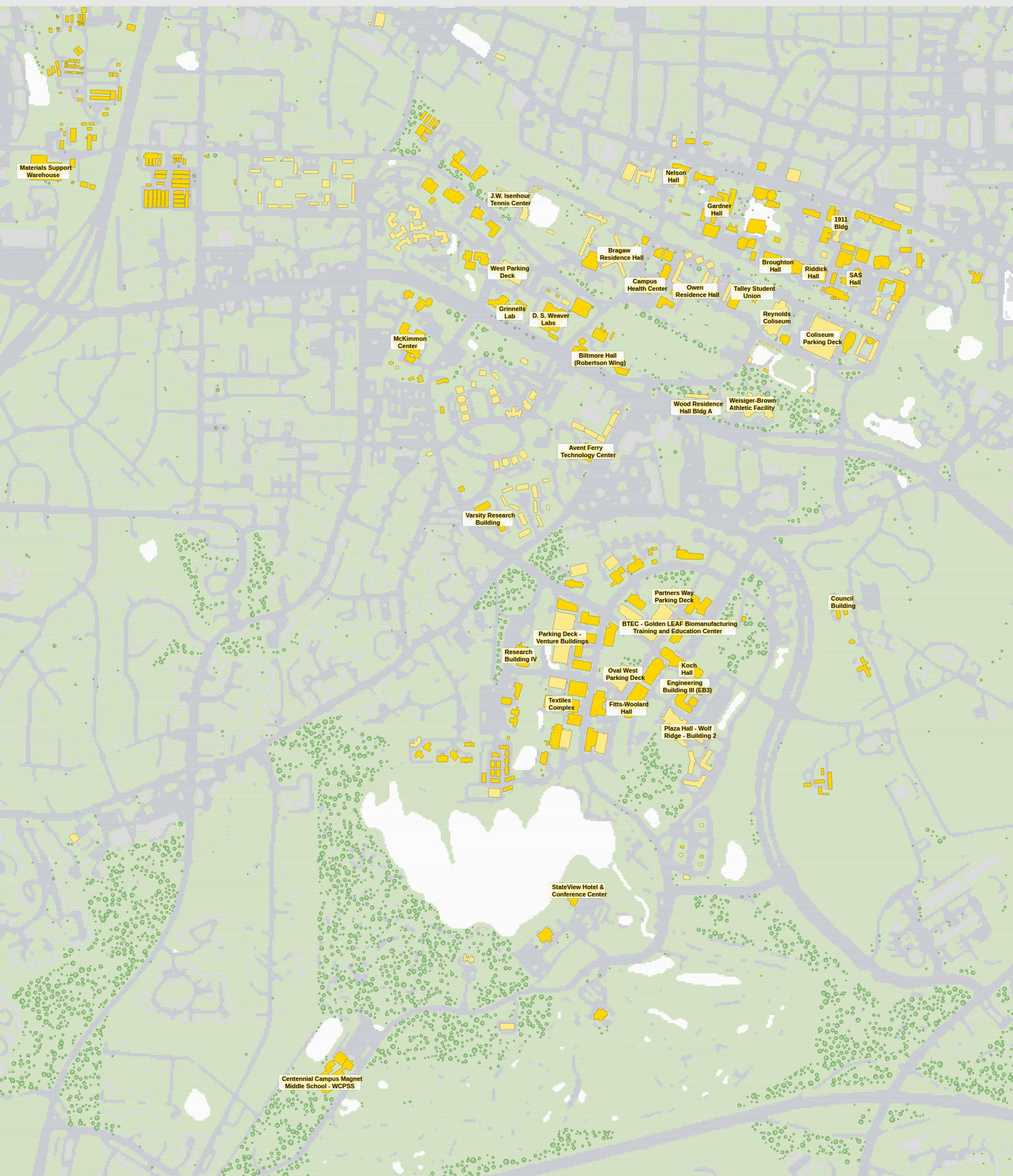 NC State campus map: 2D plan with every building named, yellow directory style