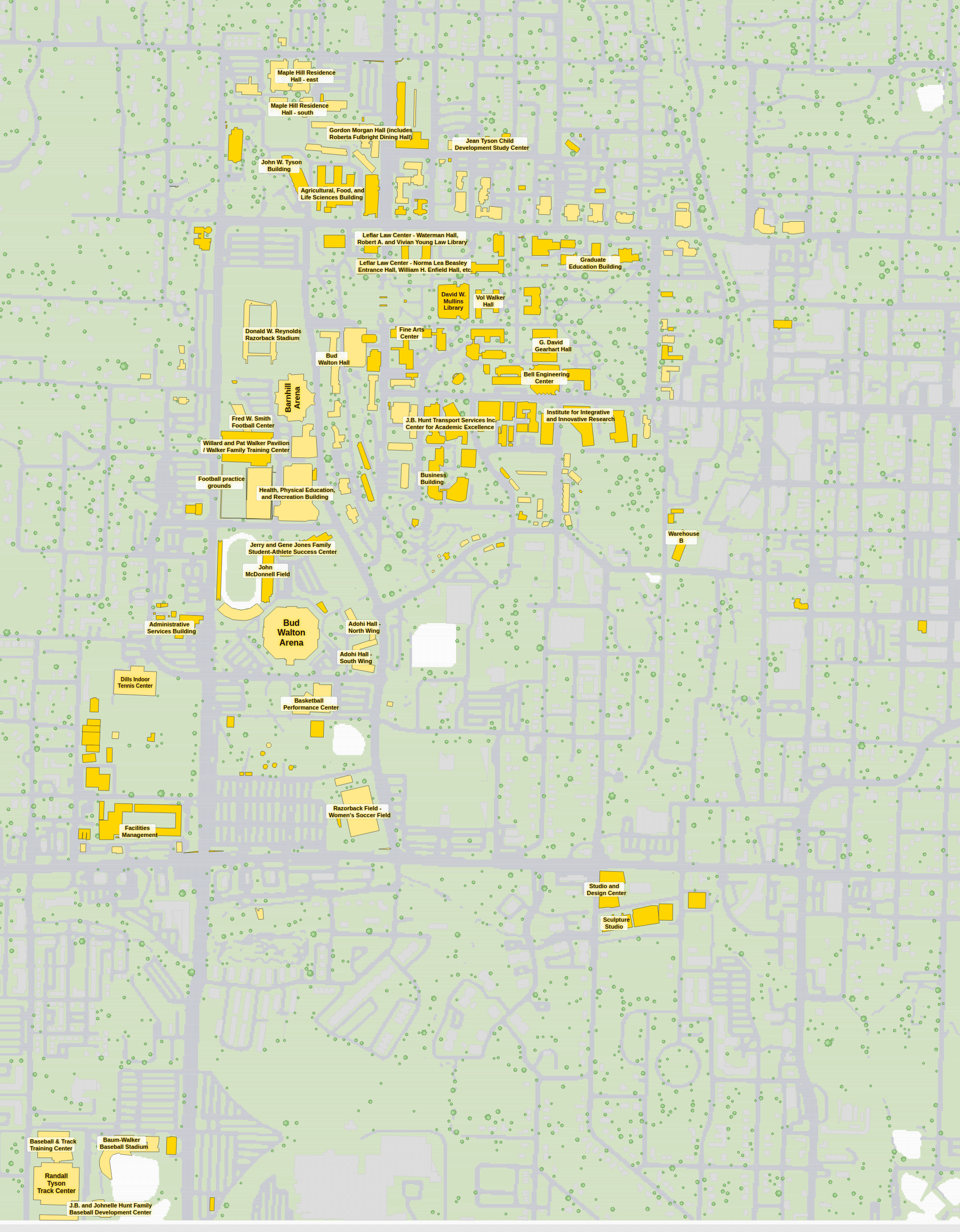 University of Arkansas campus map: 2D plan with every building named, yellow directory style