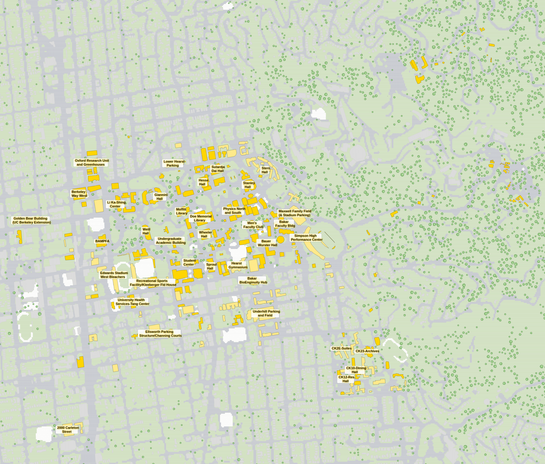UC Berkeley campus map: 2D plan with every building named, yellow directory style