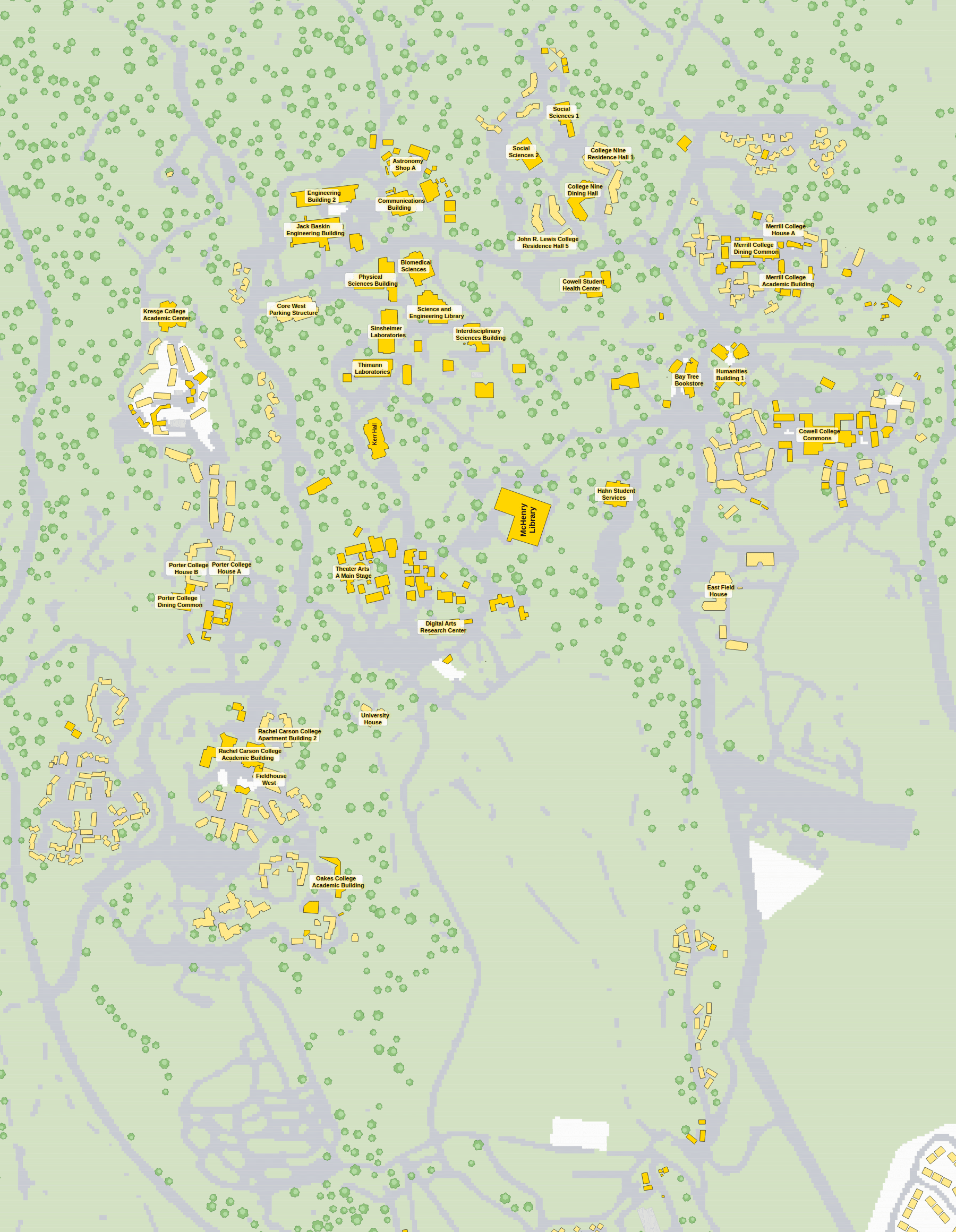 UC Santa Cruz campus map: 2D plan with every building named, yellow directory style