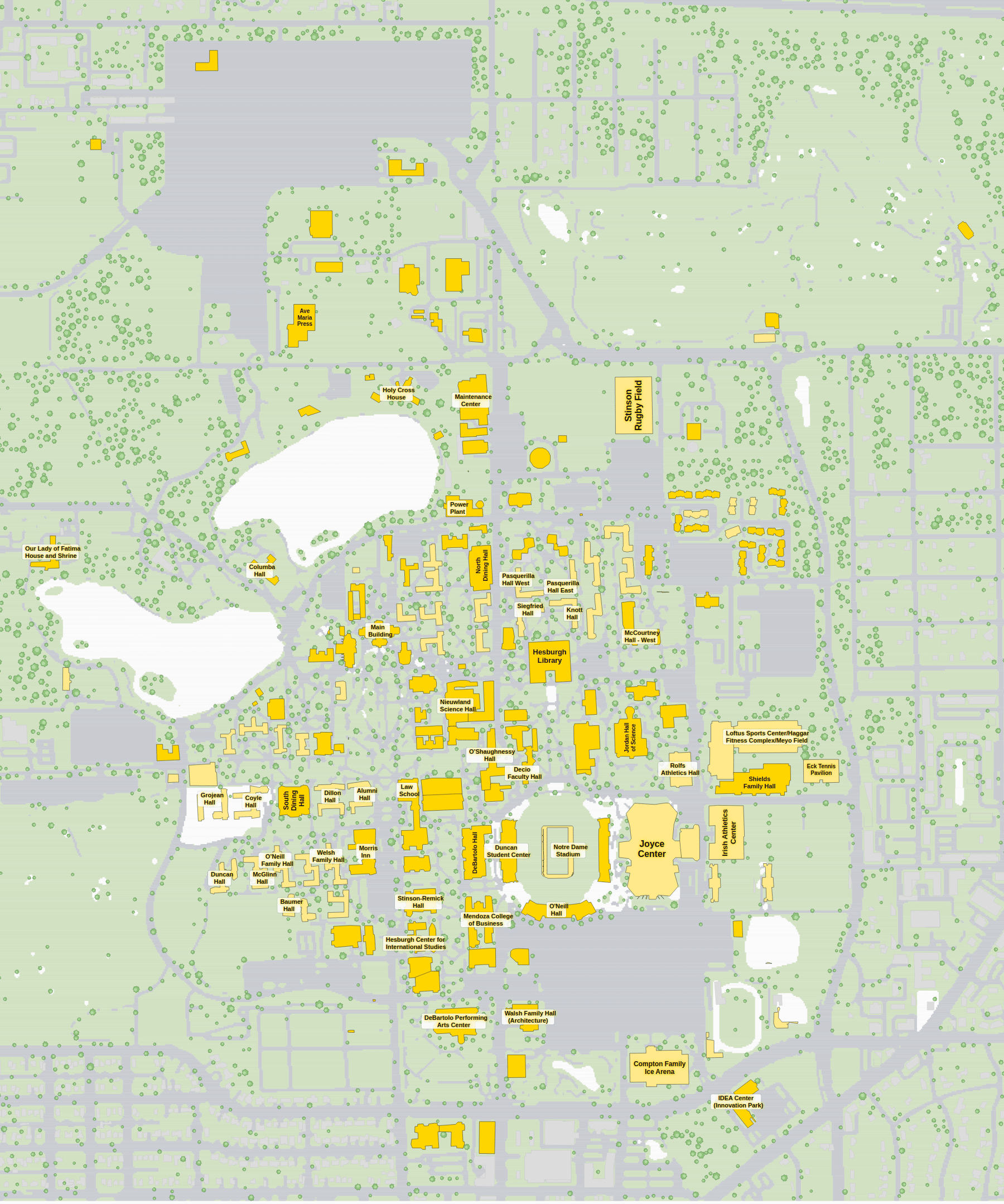 Notre Dame campus map: 2D plan with every building named, yellow directory style