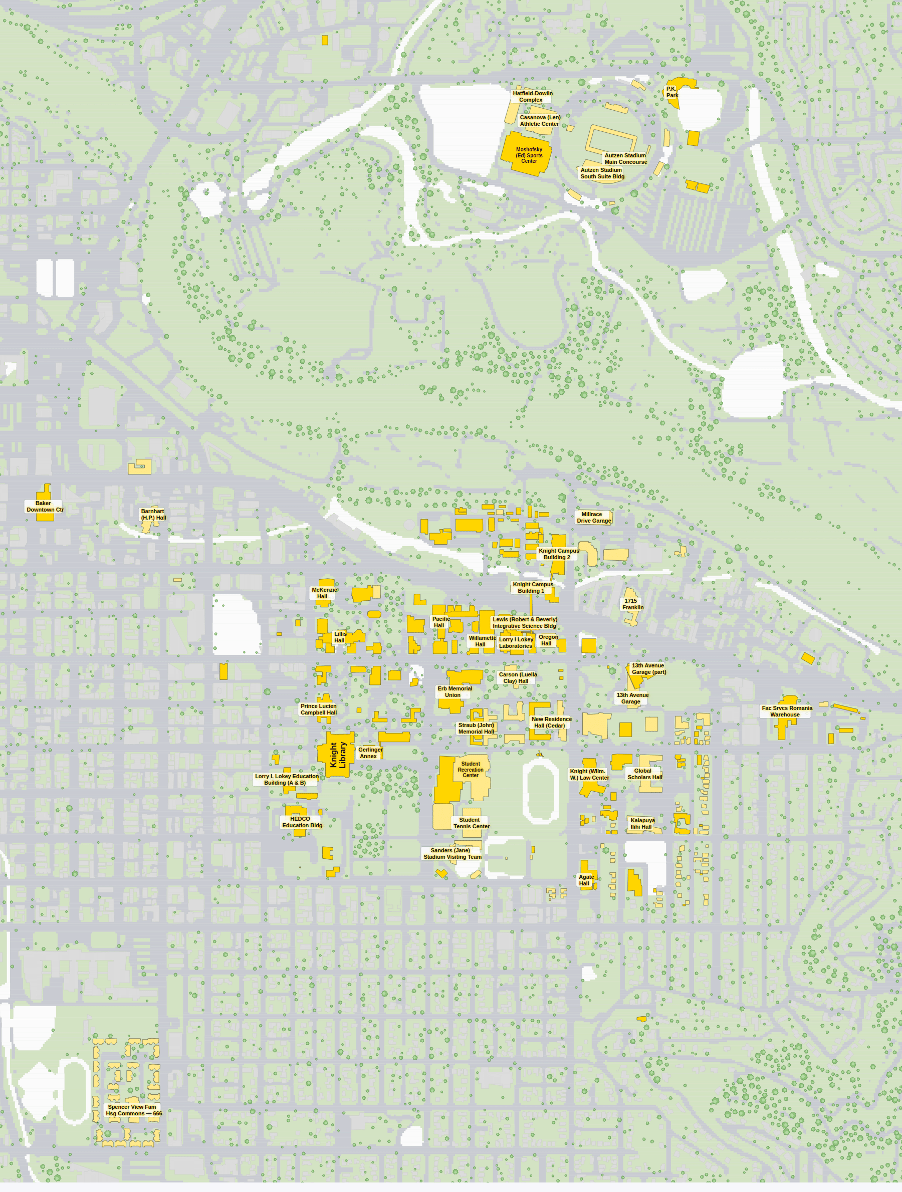 University of Oregon campus map: 2D plan with every building named, yellow directory style