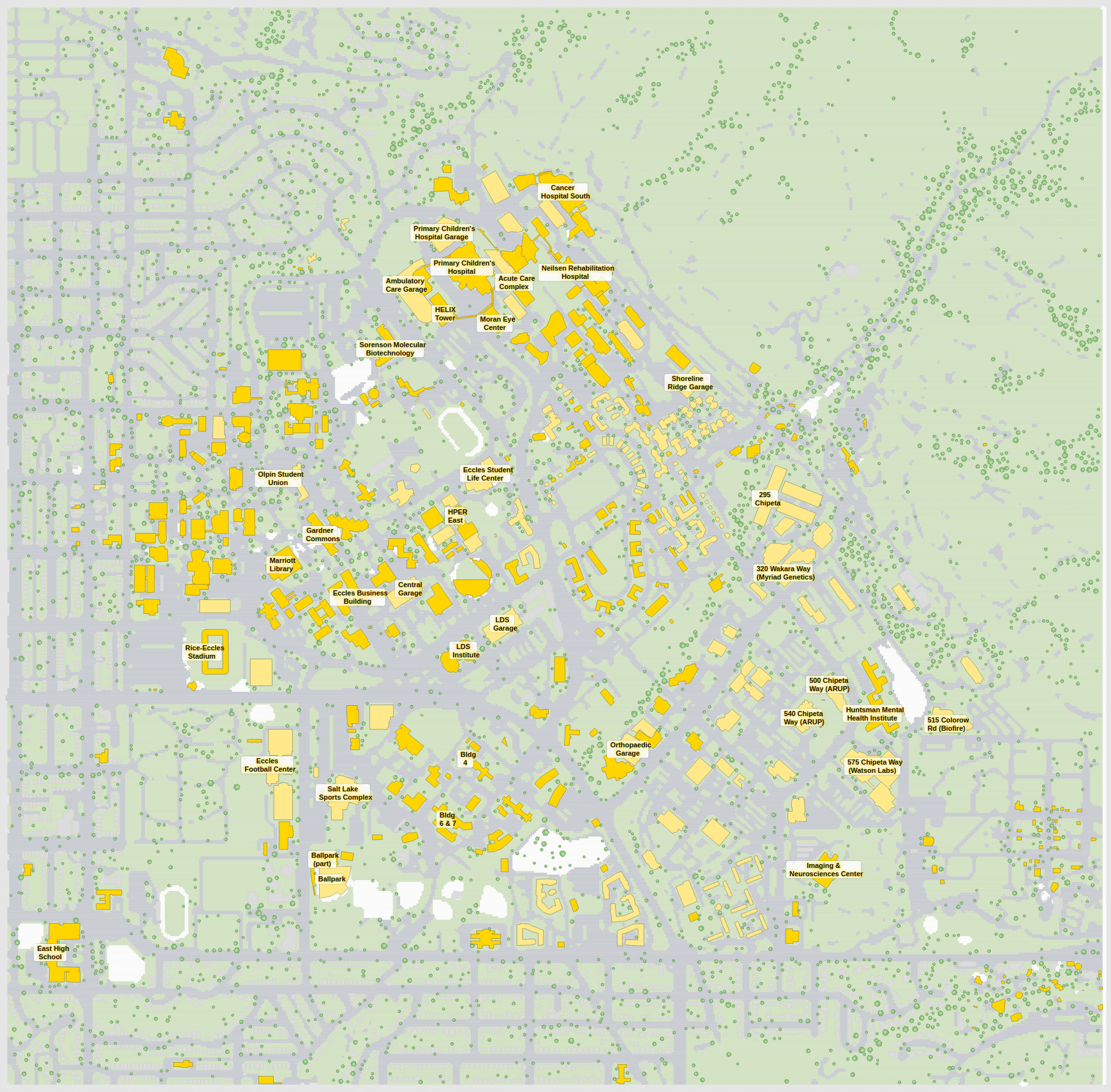 University of Utah campus map: 2D plan with every building named, yellow directory style