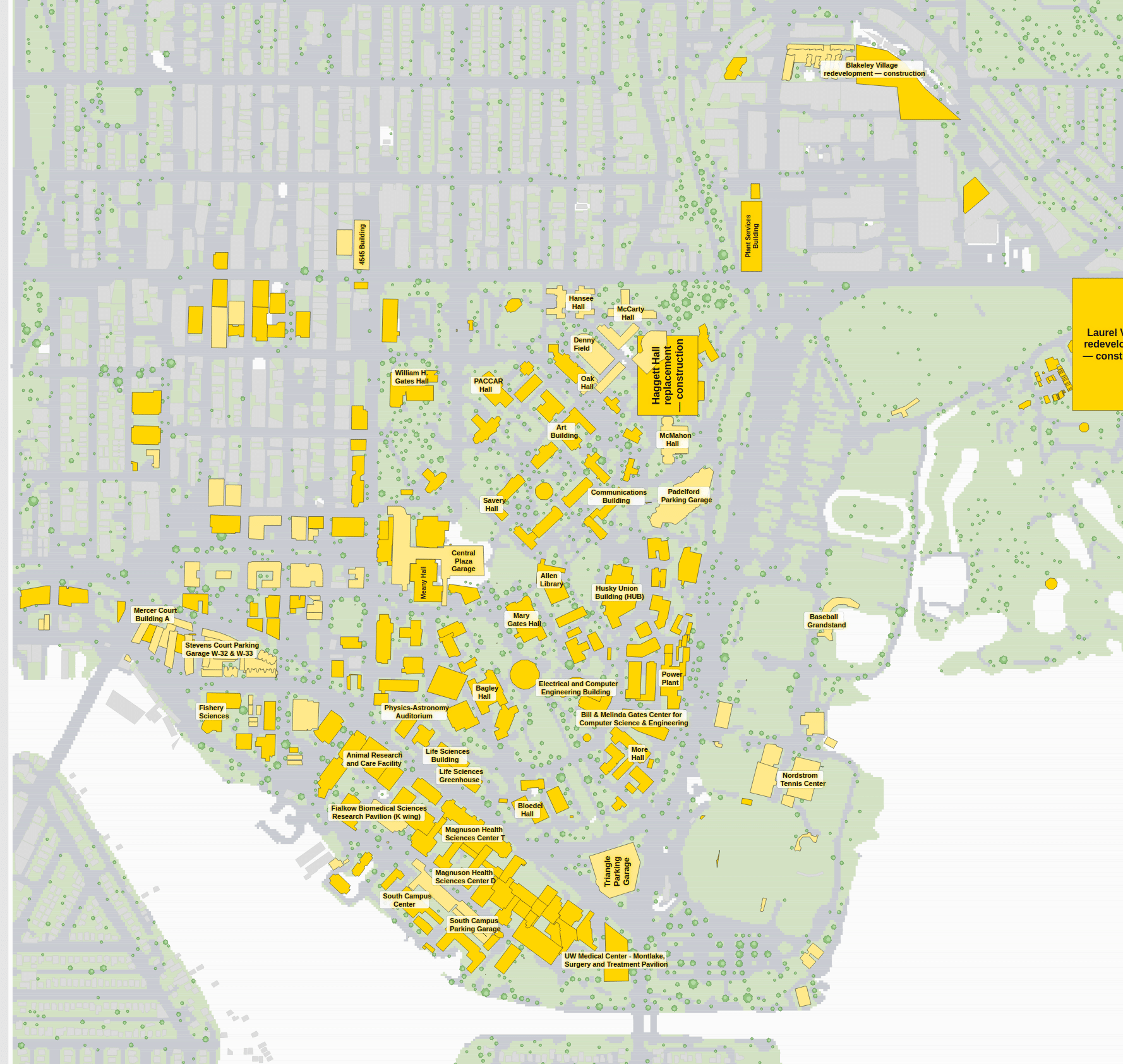 UW campus map: 2D plan with every building named, yellow directory style